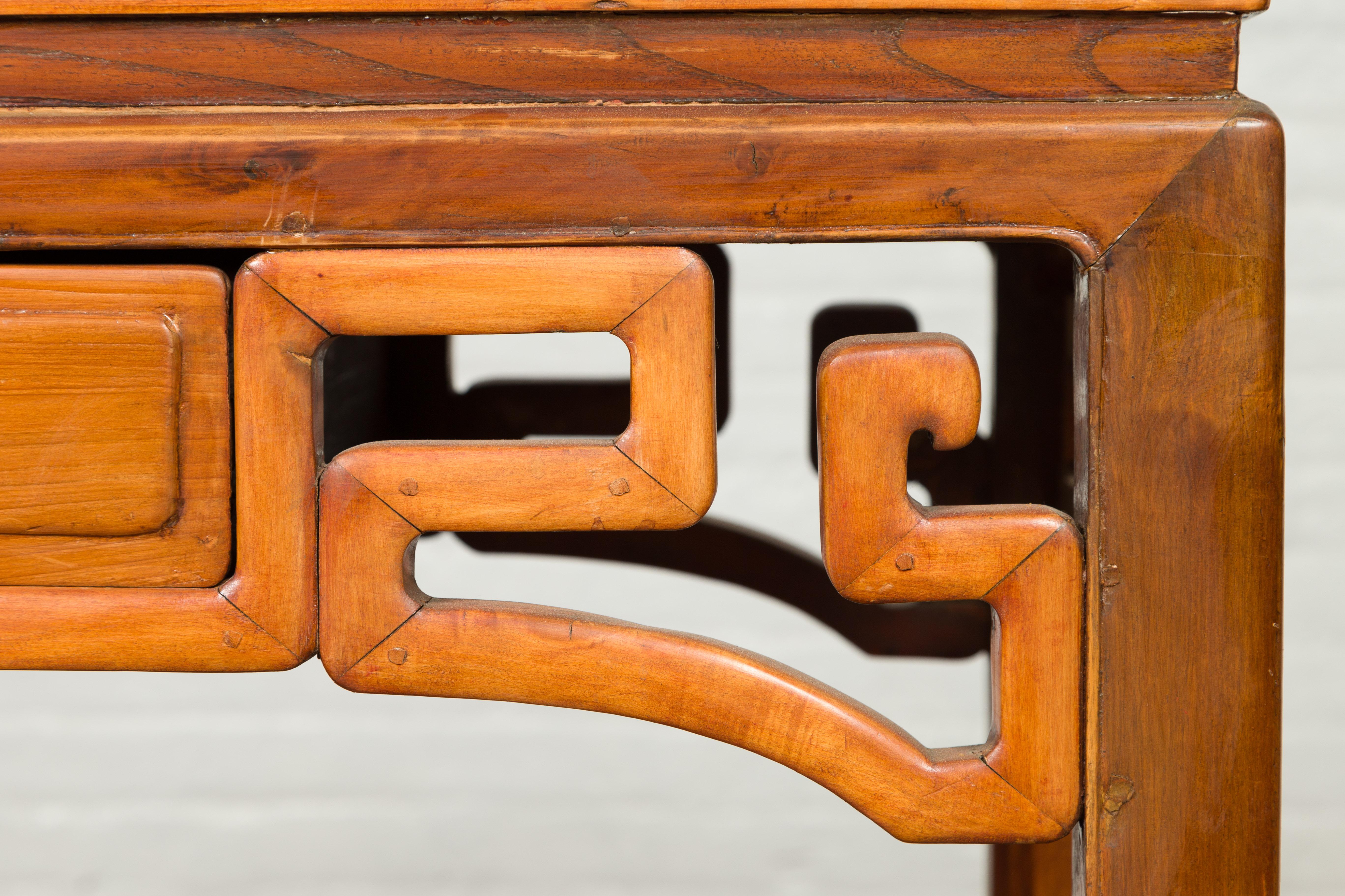 Bronze Chinese Ming Dynasty Style Elmwood Table with Single Drawer and Carved Apron