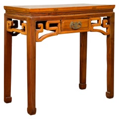 Antique Chinese Ming Dynasty Style Elmwood Table with Single Drawer and Carved Apron