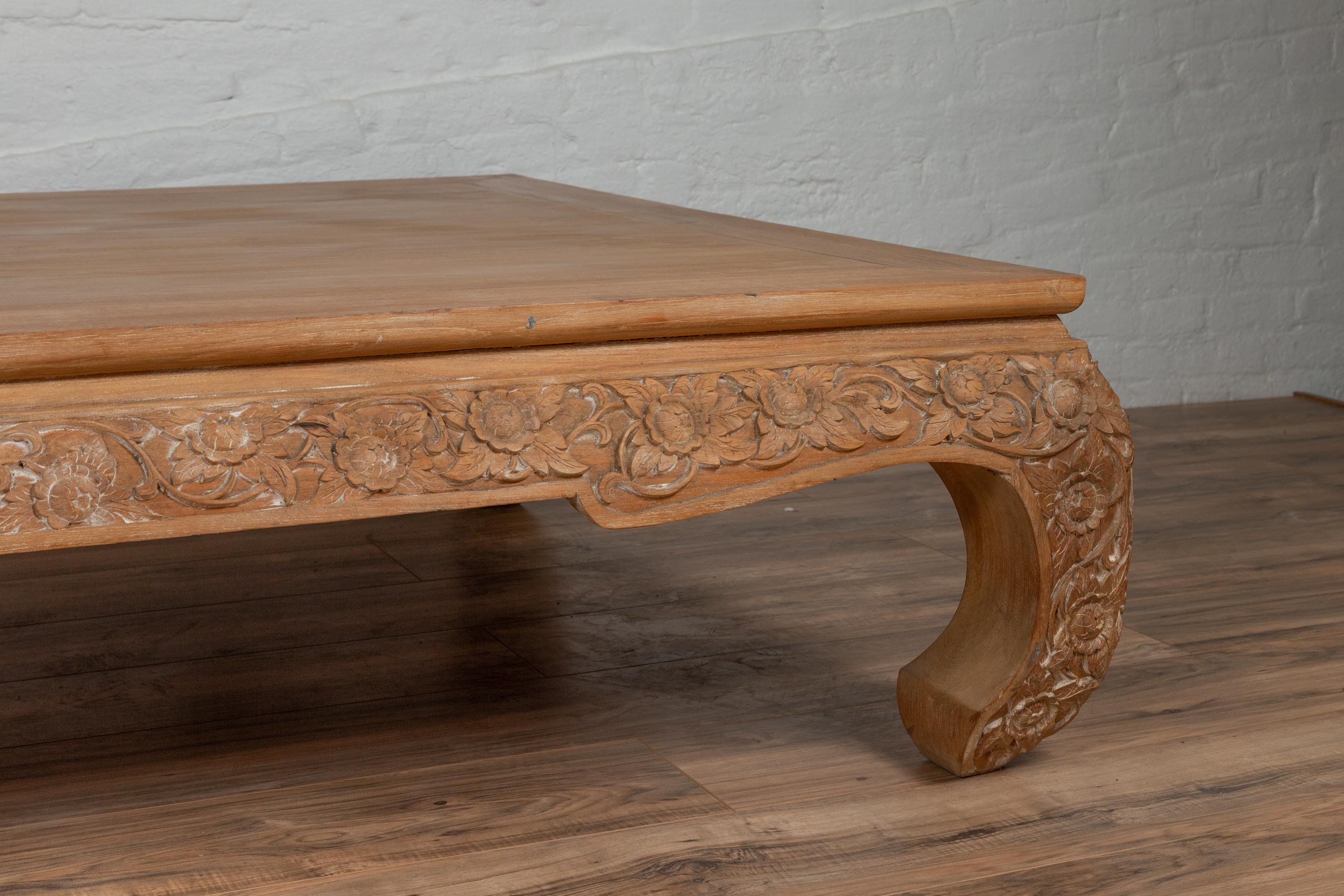 Hand-Carved Chinese Ming Dynasty Style Natural Teak Coffee Table with Carved Floral Décor