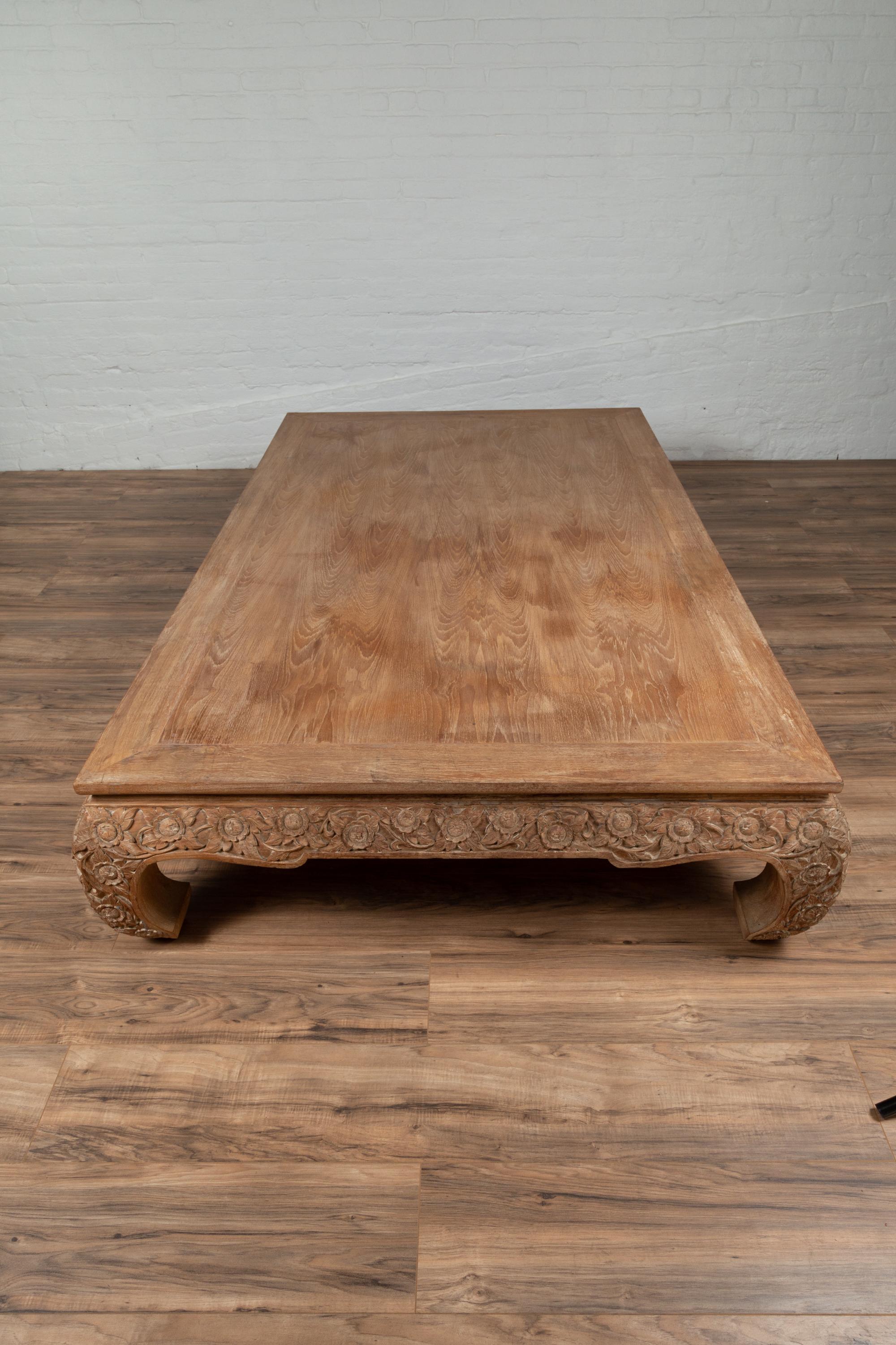 Chinese Ming Dynasty Style Natural Teak Coffee Table with Carved Floral Décor 1