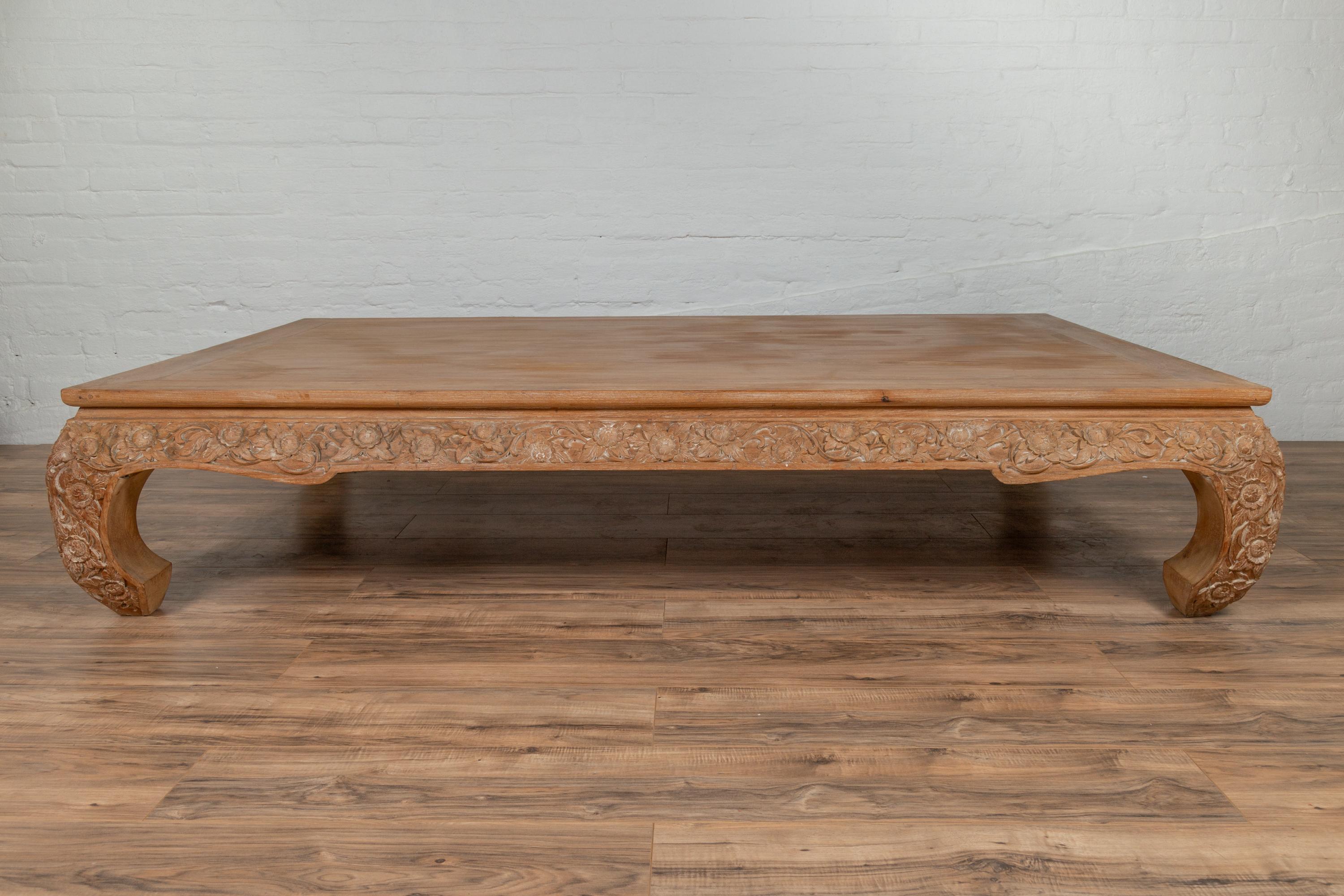 Chinese Ming Dynasty Style Natural Teak Coffee Table with Carved Floral Décor 2