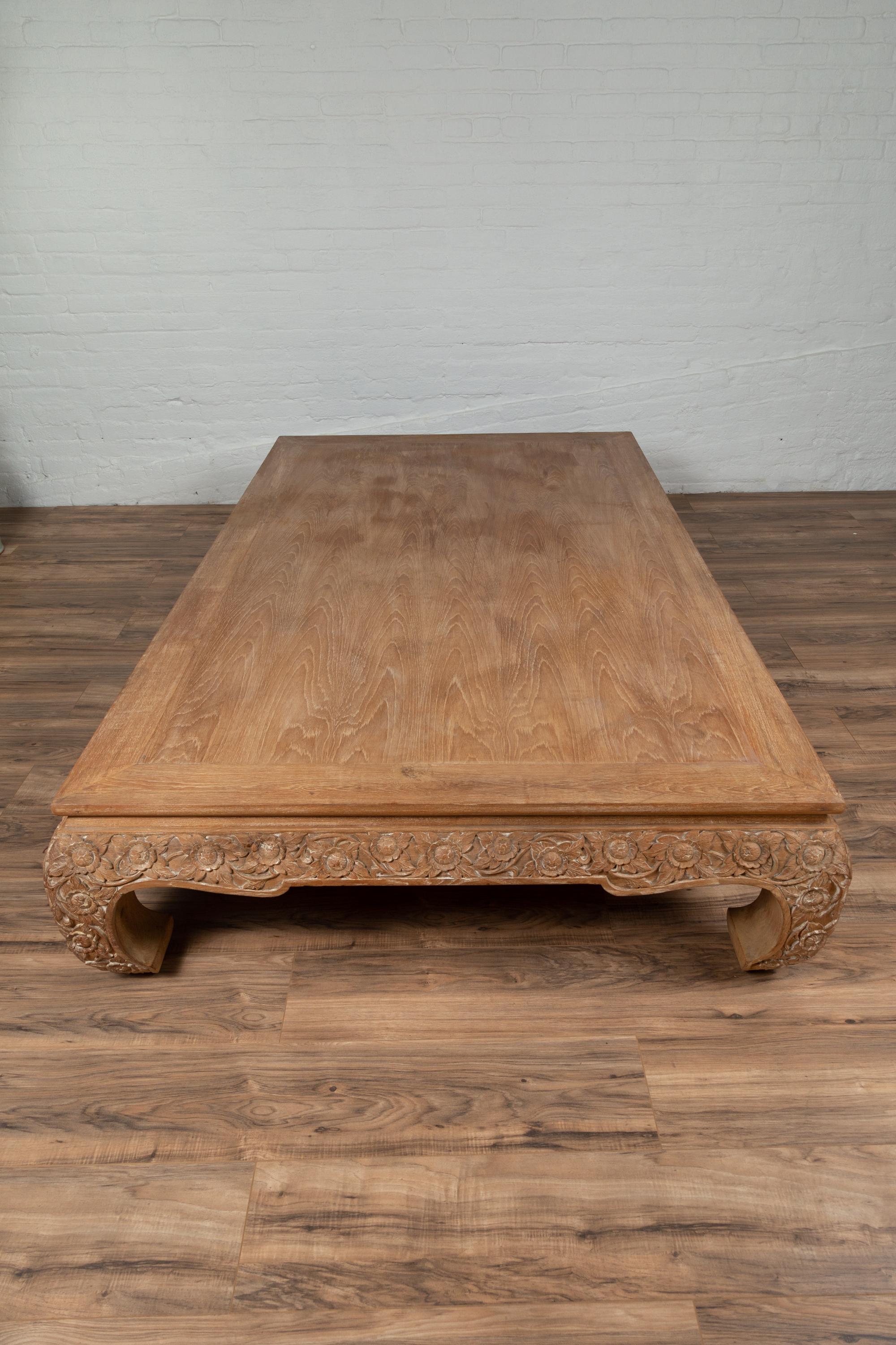 Chinese Ming Dynasty Style Natural Teak Coffee Table with Carved Floral Décor 3