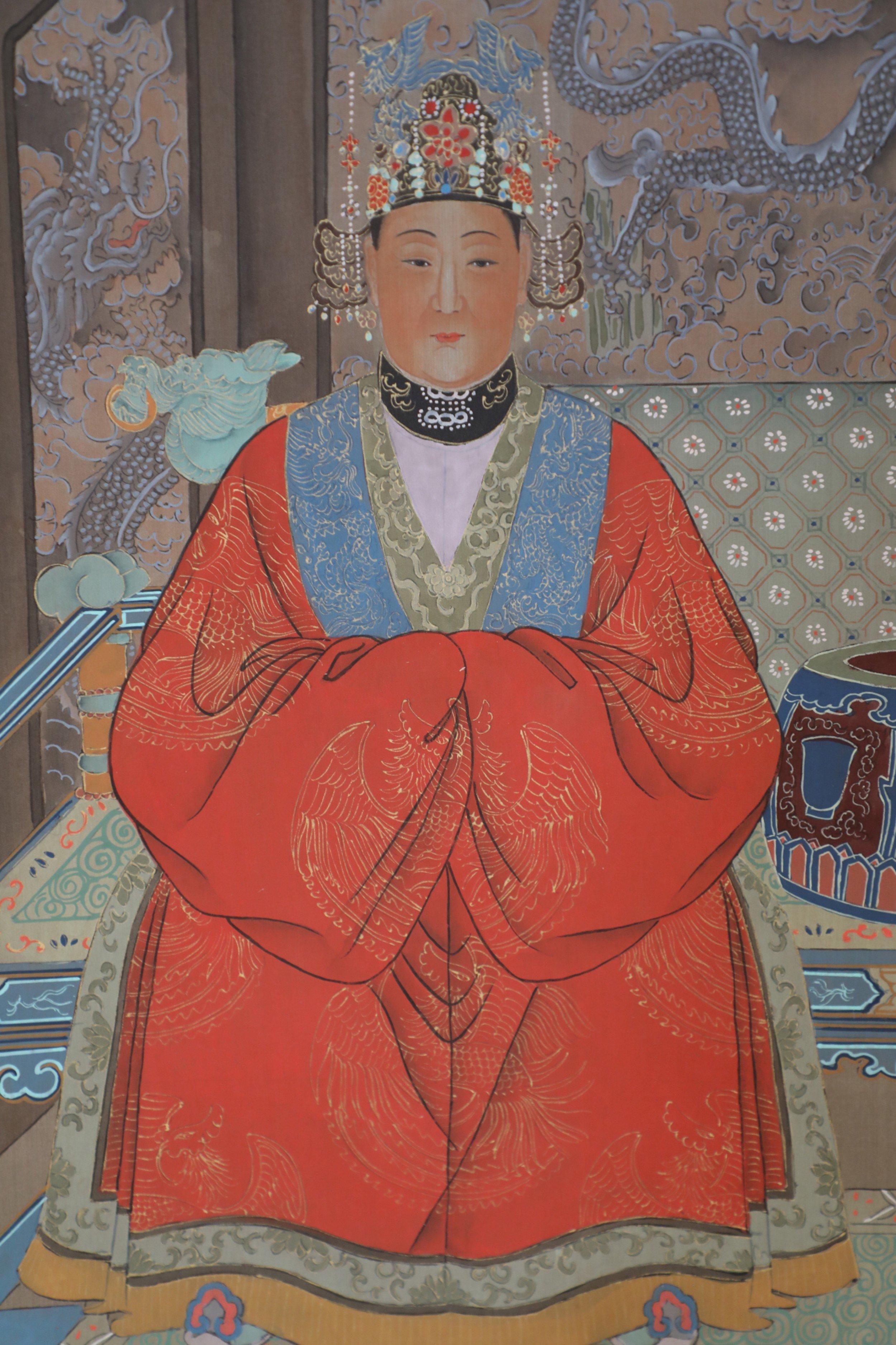 Chinese Ming Dynasty Style Paper and Silk King and Queen Portrait Hanging Scroll For Sale 5