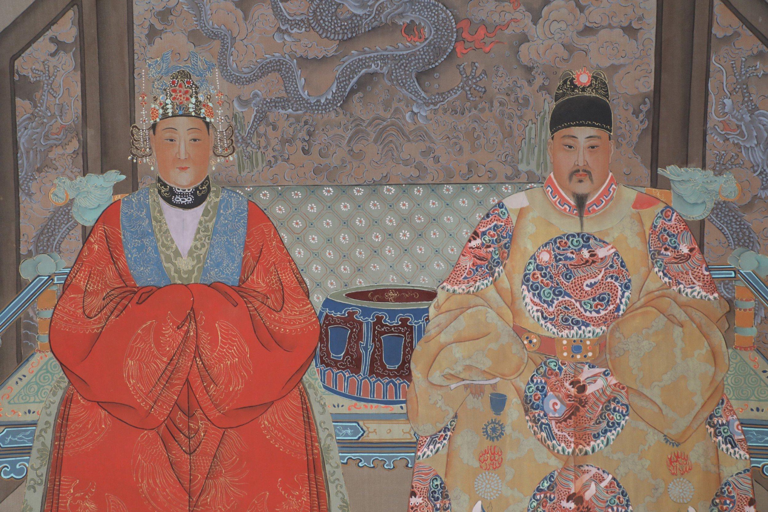 Pergamino colgante con retrato de rey y reina en papel y seda al estilo de la dinastía china Ming siglo XX en venta