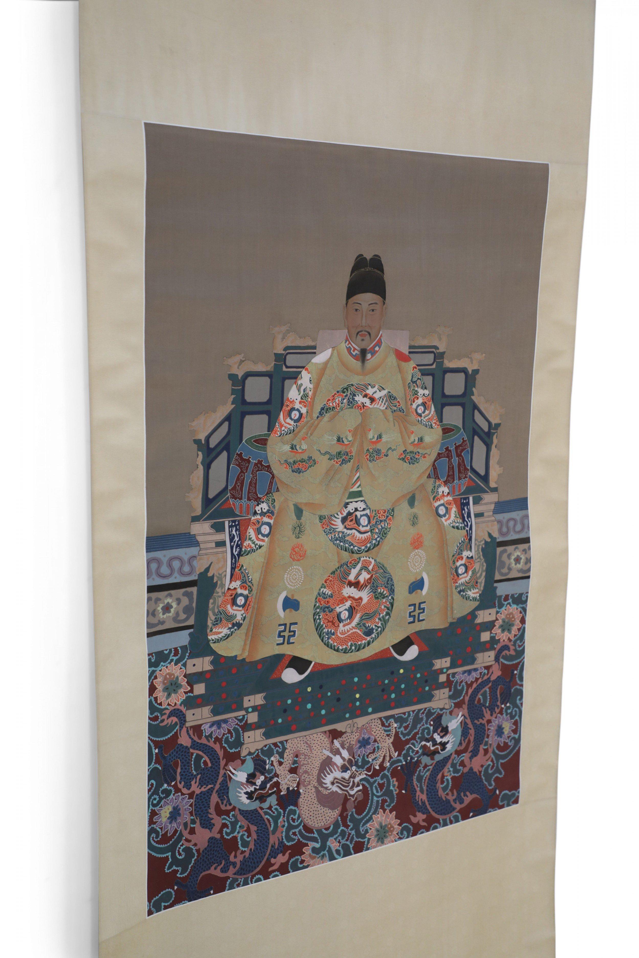 Wood Chinese Ming Dynasty Style Paper and Silk King Portrait Hanging Scrolls For Sale