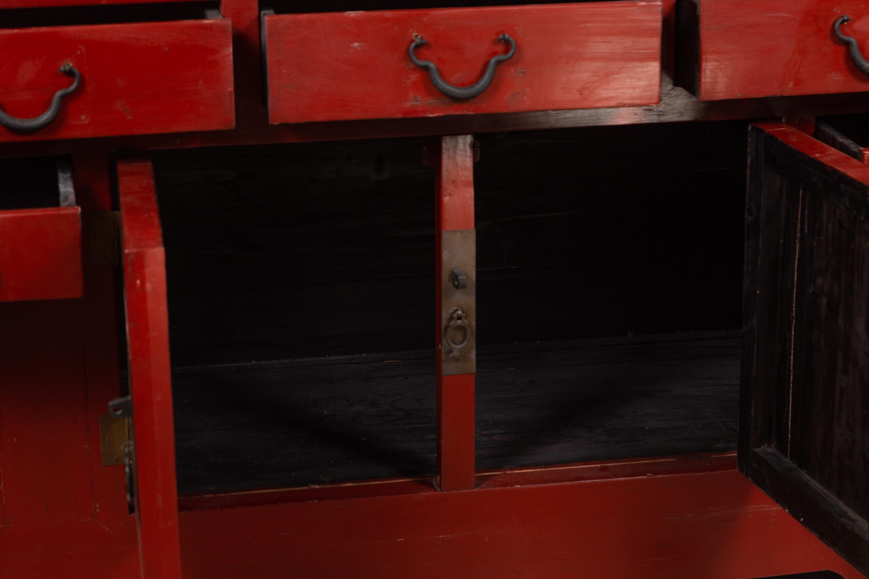 Chinese Ming Dynasty Style Red Lacquered Console Cabinet with Doors and Drawers For Sale 2