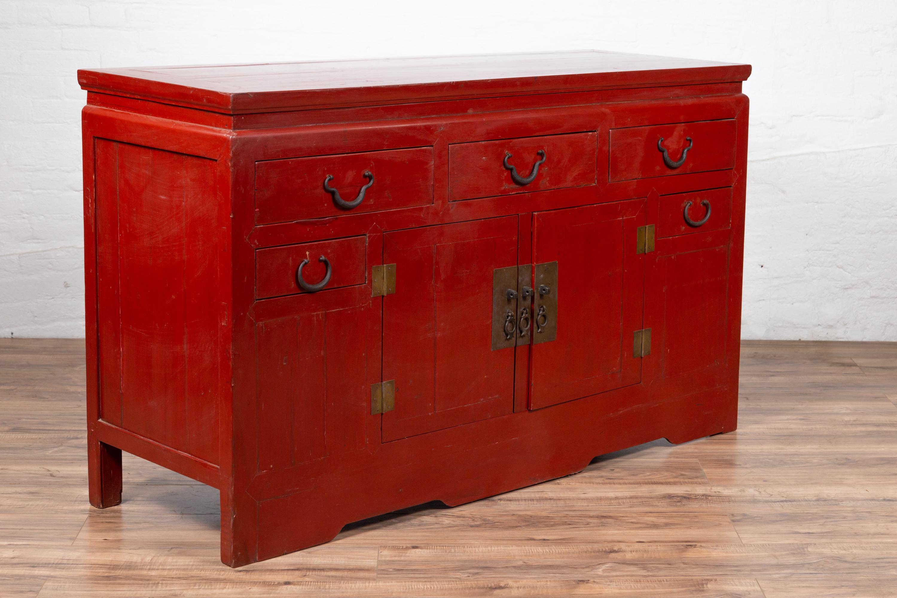 Chinese Ming Dynasty Style Red Lacquered Console Cabinet with Doors and Drawers For Sale 3