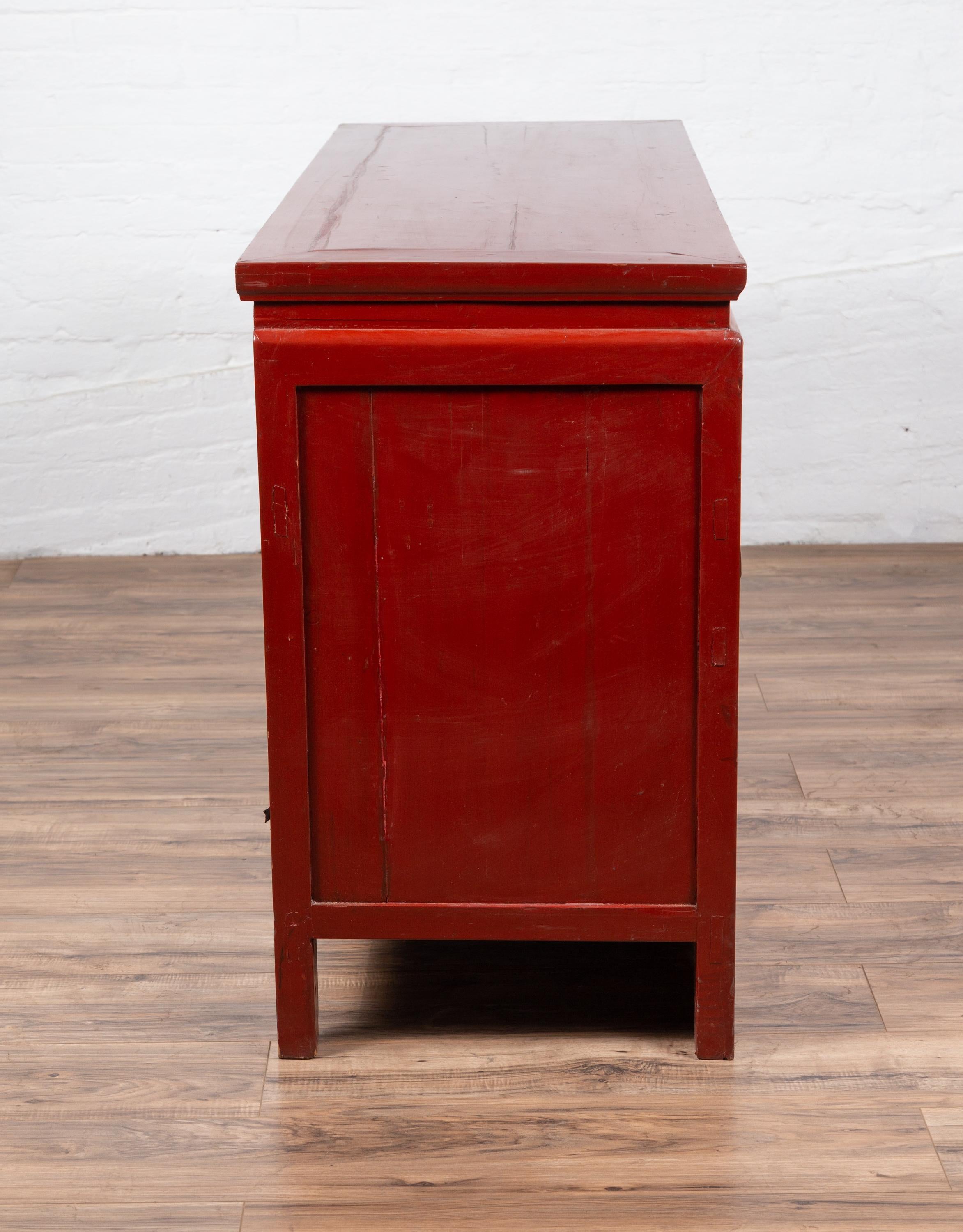 Chinese Ming Dynasty Style Red Lacquered Console Cabinet with Doors and Drawers For Sale 5