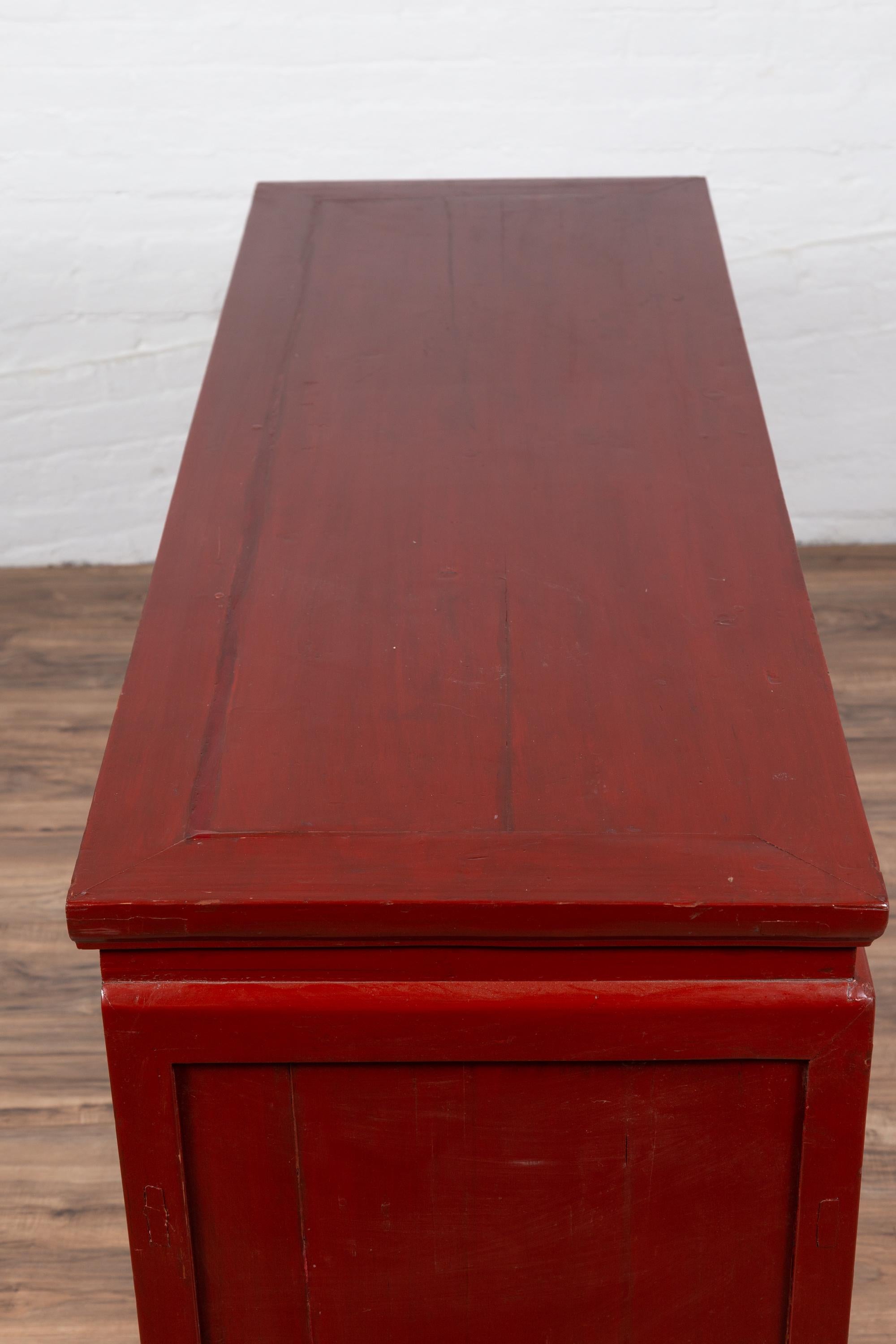 Chinese Ming Dynasty Style Red Lacquered Console Cabinet with Doors and Drawers For Sale 6