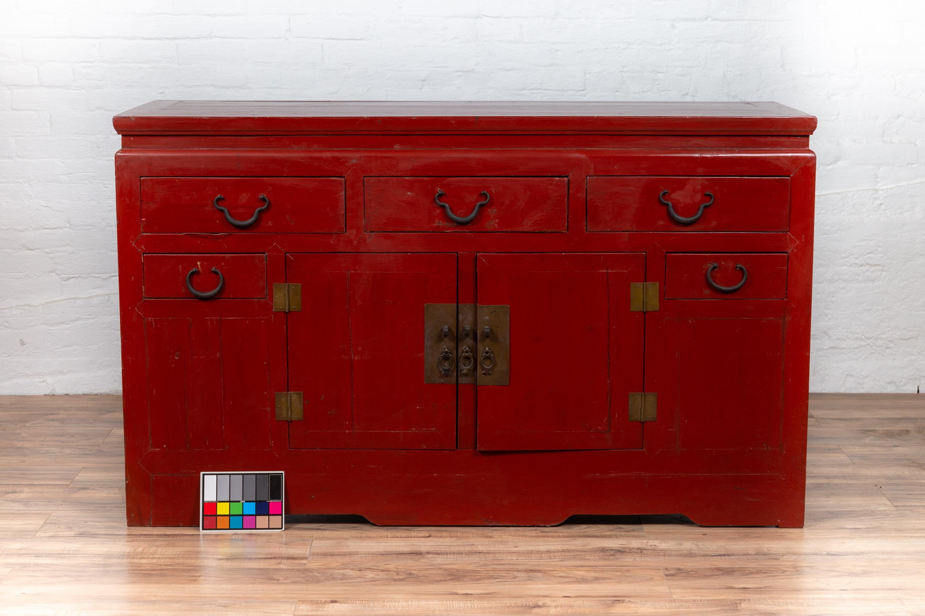 Chinese Ming Dynasty Style Red Lacquered Console Cabinet with Doors and Drawers For Sale 8