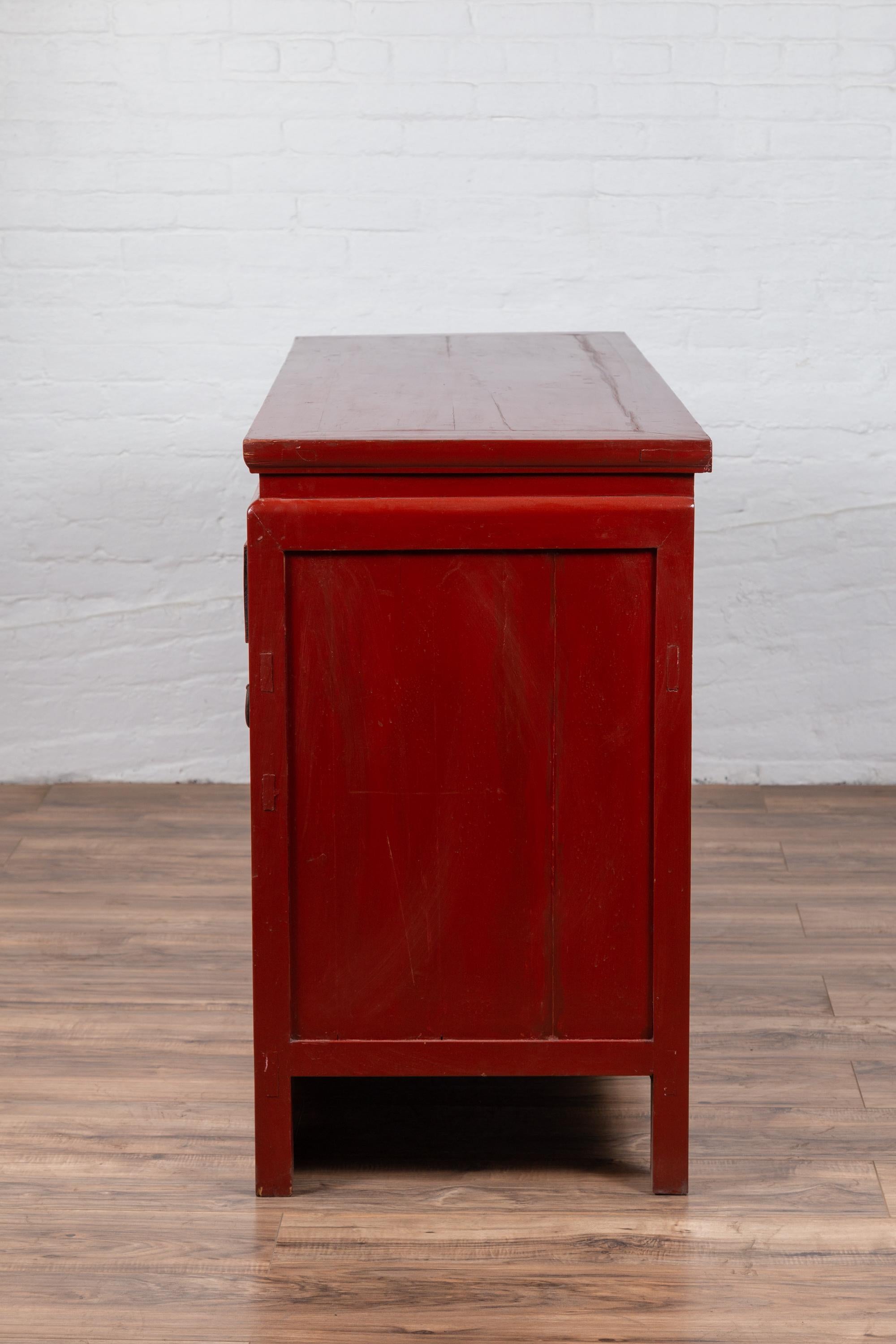 Chinese Ming Dynasty Style Red Lacquered Console Cabinet with Doors and Drawers For Sale 9