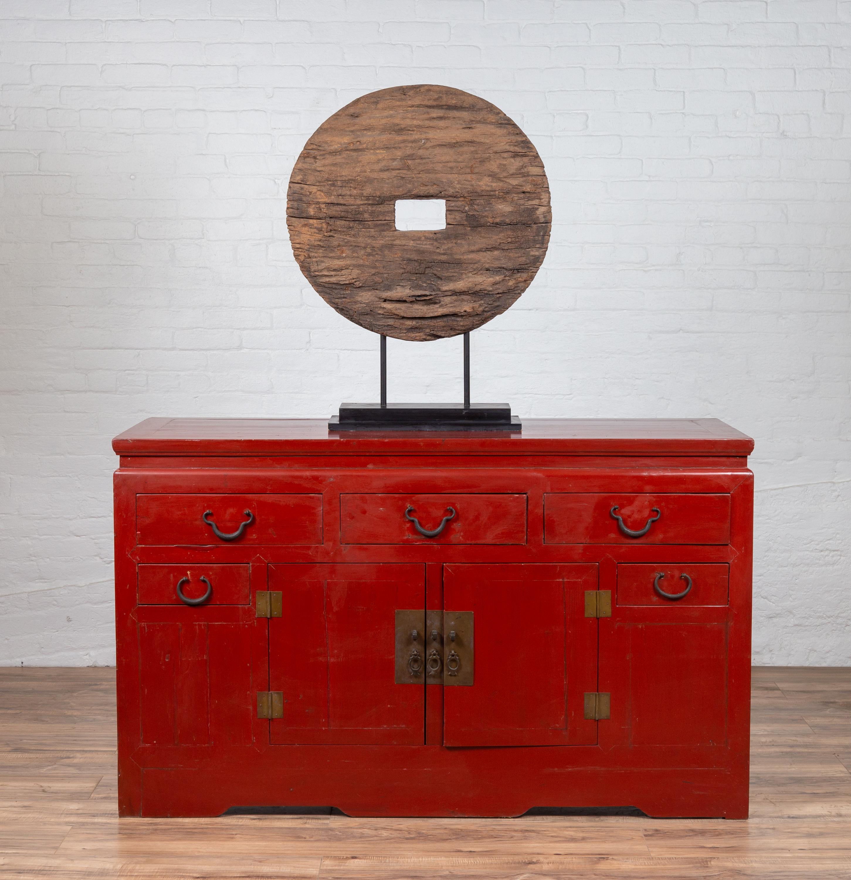 Chinese Ming Dynasty Style Red Lacquered Console Cabinet with Doors and Drawers For Sale 10