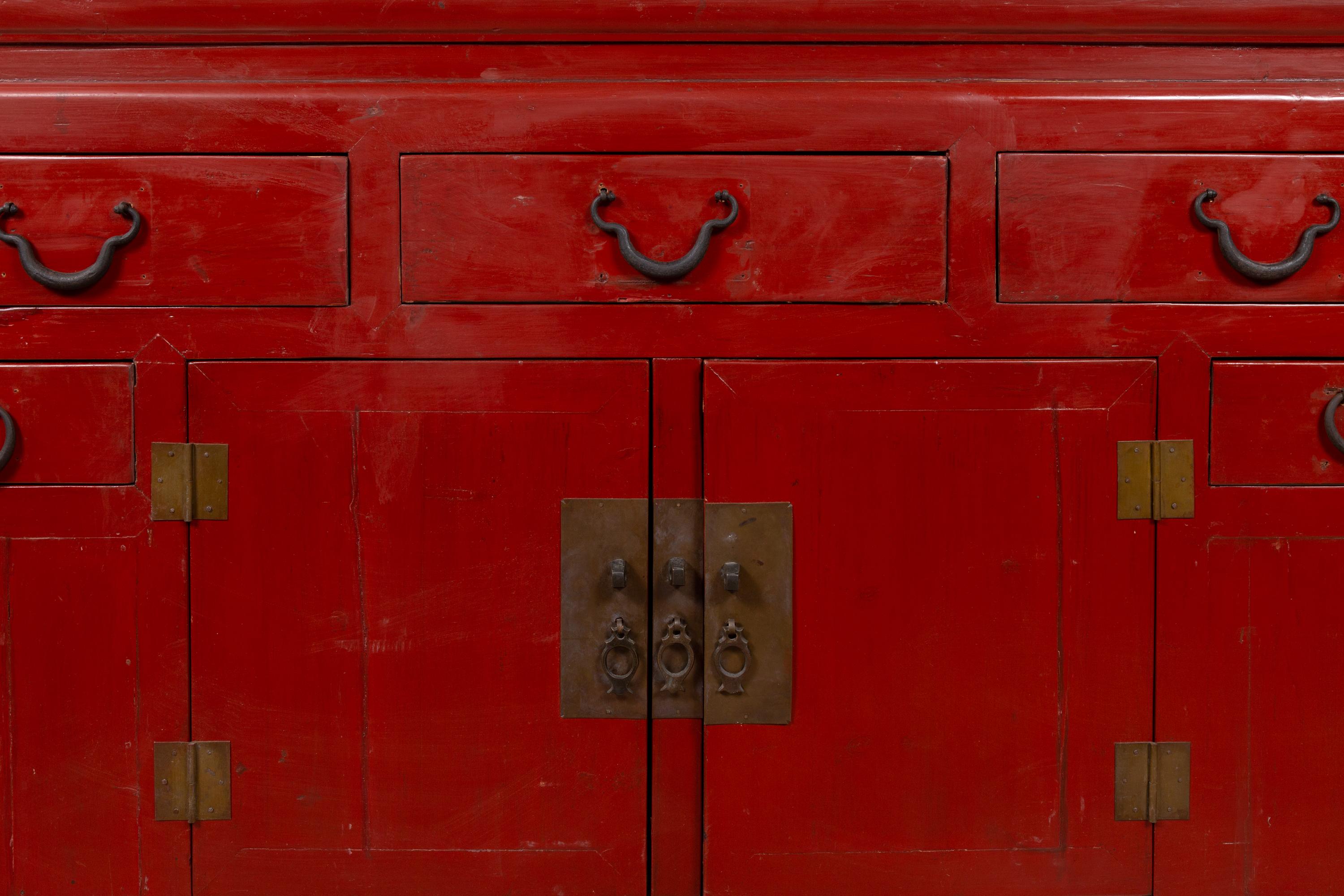 20th Century Chinese Ming Dynasty Style Red Lacquered Console Cabinet with Doors and Drawers For Sale