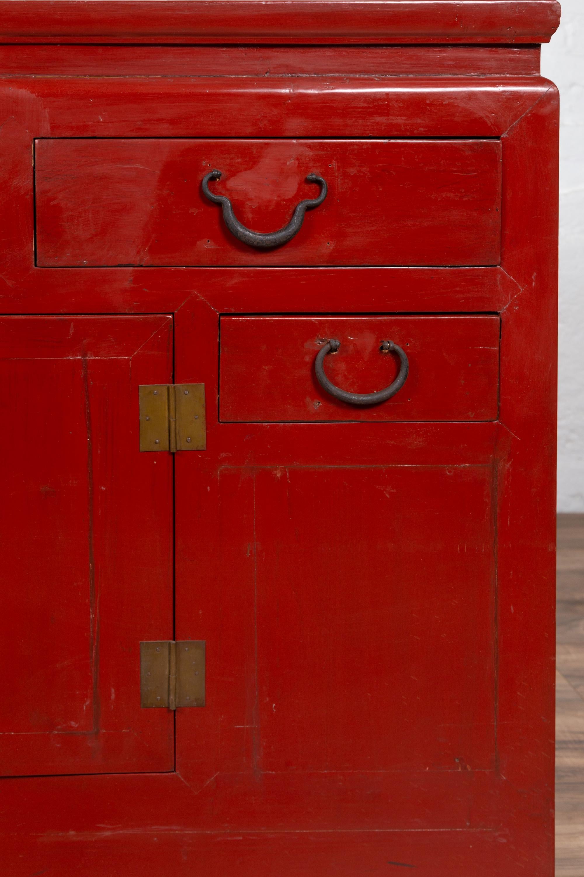 Wood Chinese Ming Dynasty Style Red Lacquered Console Cabinet with Doors and Drawers For Sale