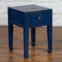 Chinese Ming Dynasty Style Single Drawer Blue Lacquer Table with Horse Hoof Legs