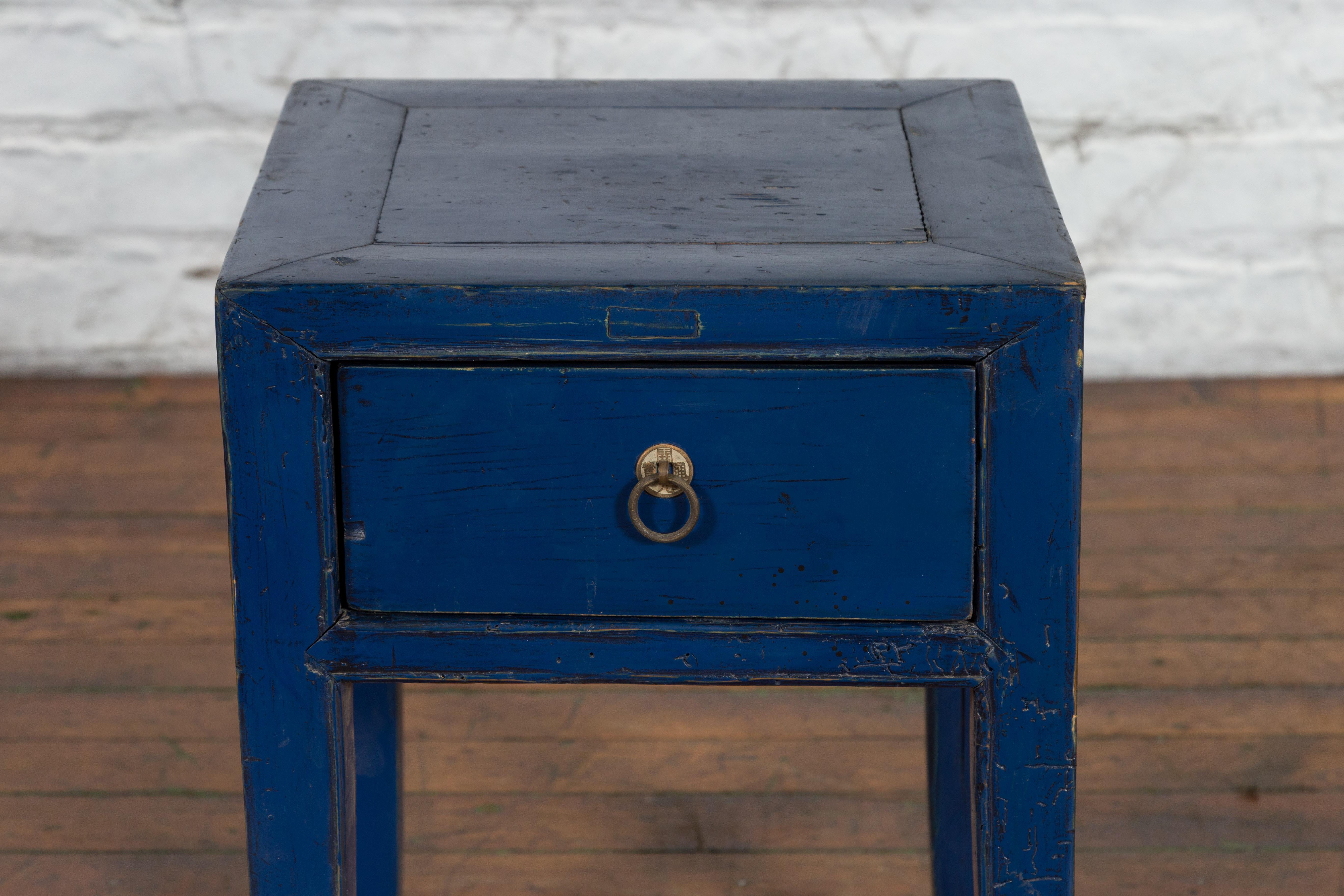 Chinese Ming Dynasty Style Single Drawer Blue Lacquer Table with Horse Hoof Legs In Good Condition For Sale In Yonkers, NY