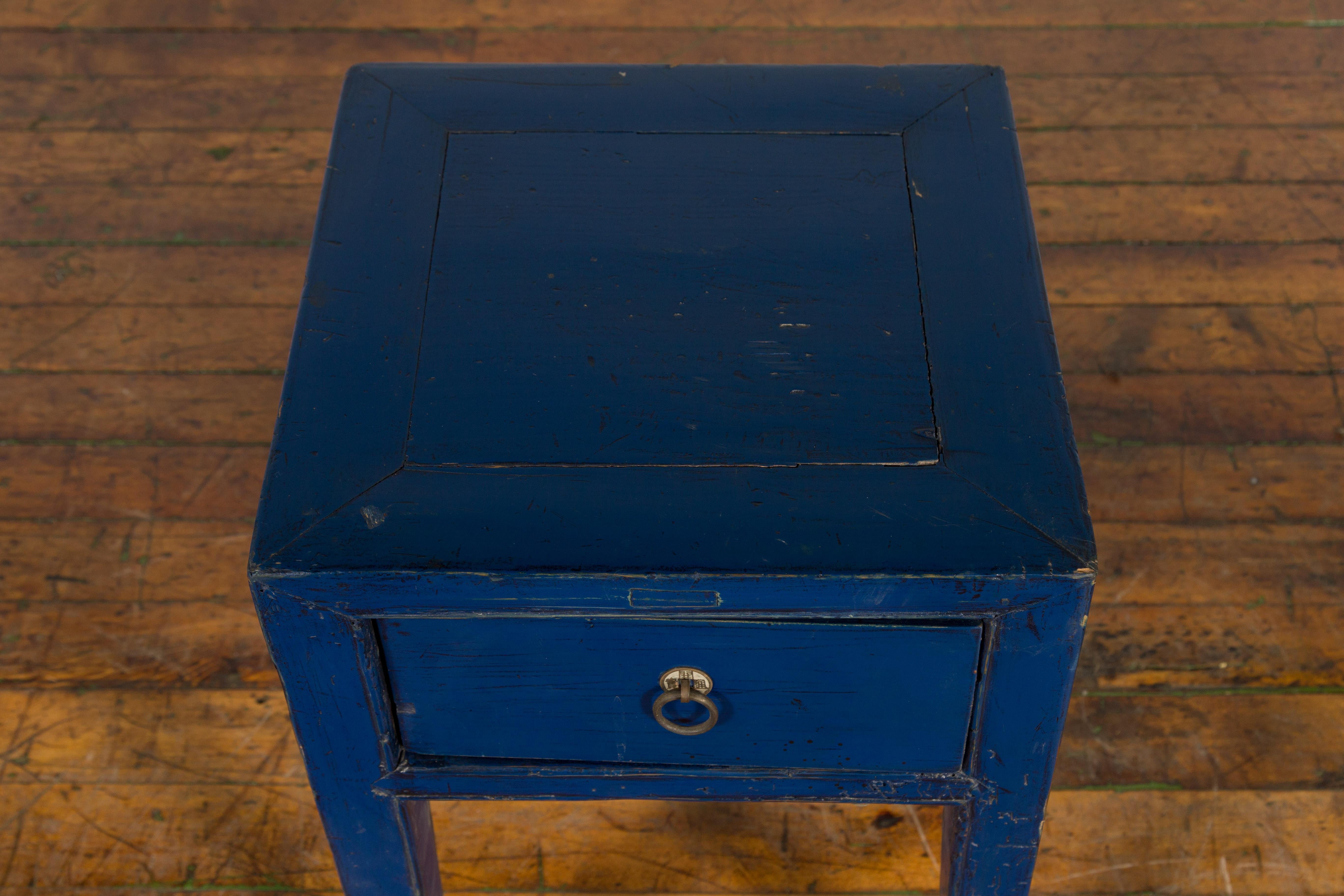 20th Century Chinese Ming Dynasty Style Single Drawer Blue Lacquer Table with Horse Hoof Legs For Sale