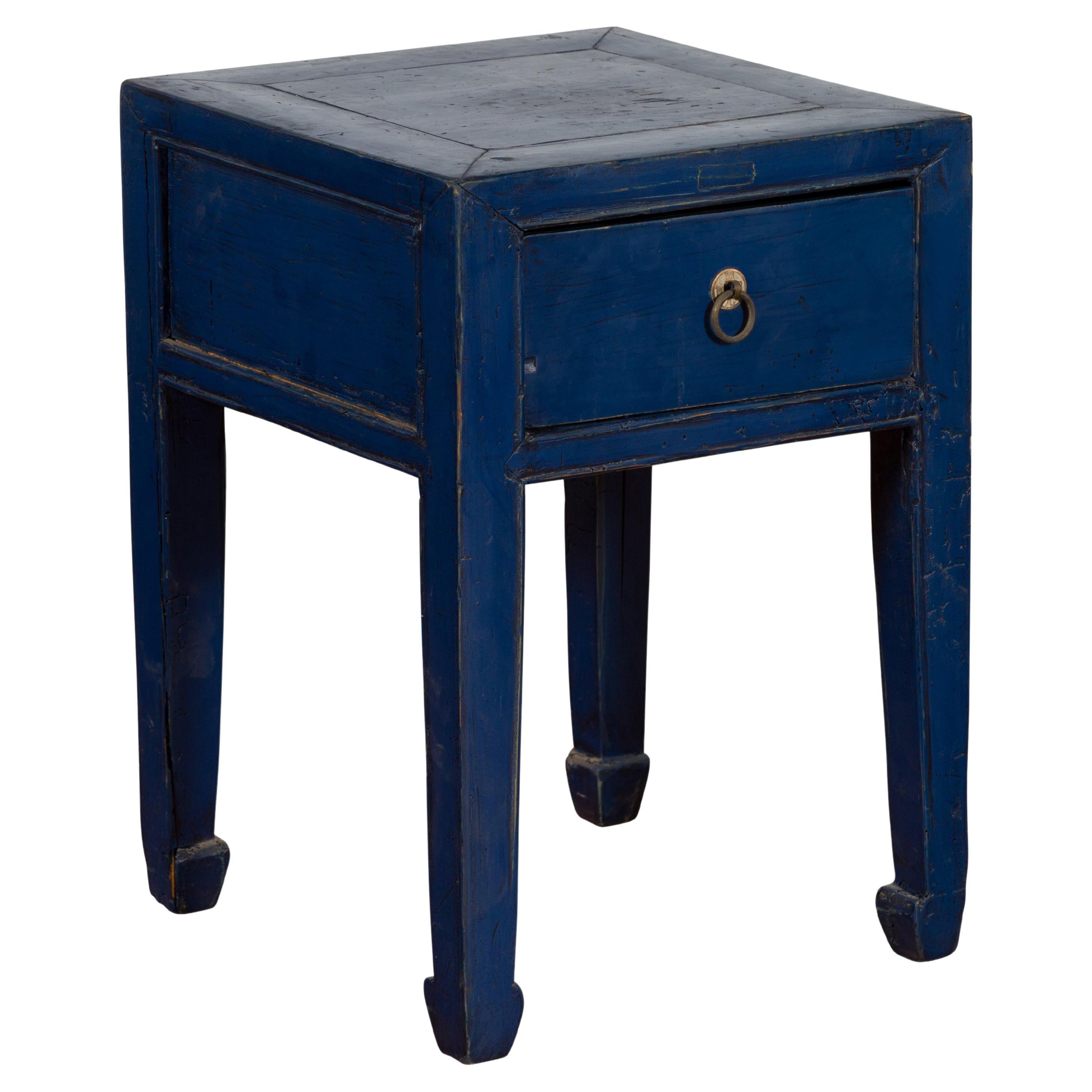 Chinese Ming Dynasty Style Single Drawer Blue Lacquer Table with Horse Hoof Legs