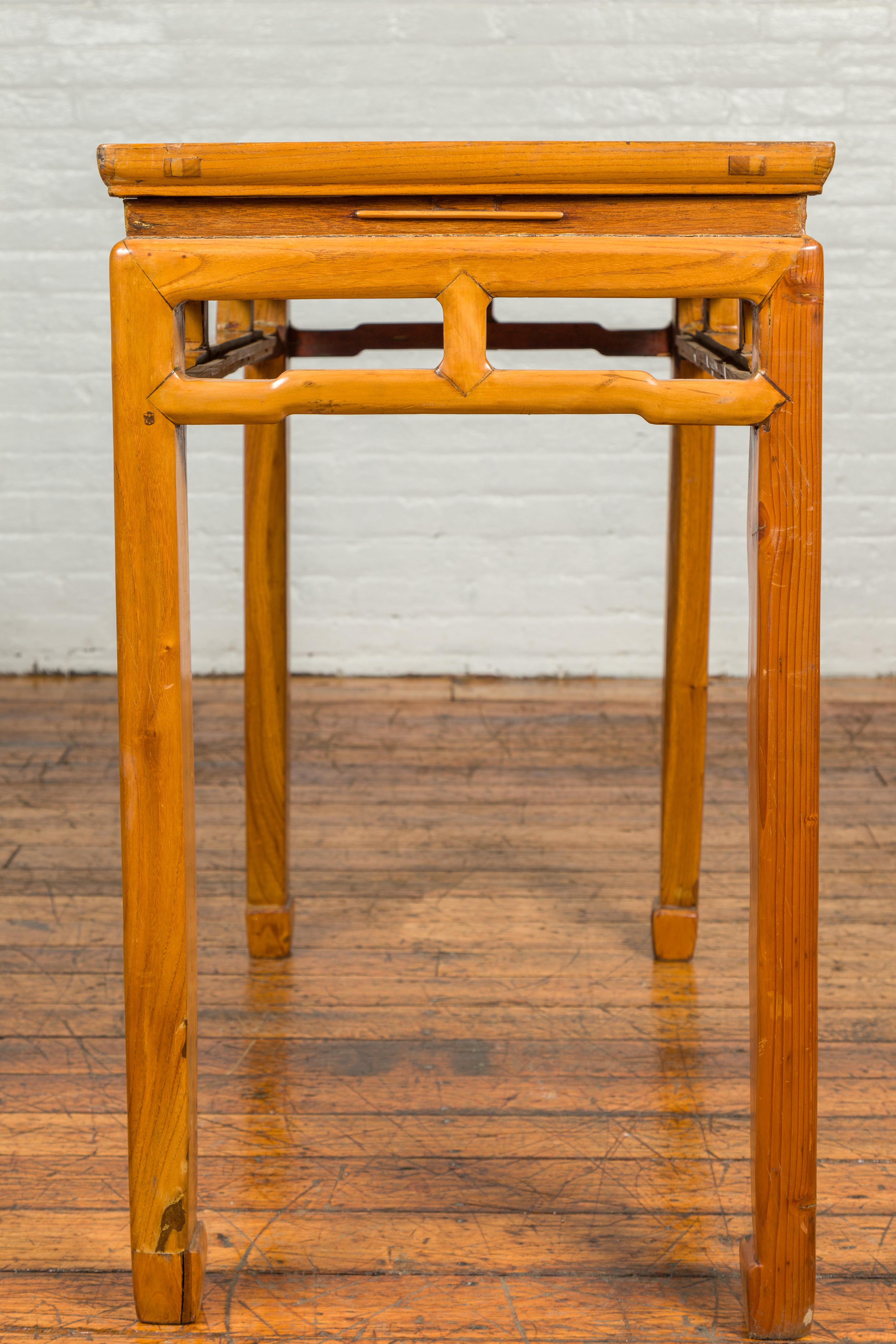 Ming Dynasty Style Vintage Elm Waisted Table with Humpbacked Stretcher For Sale 4