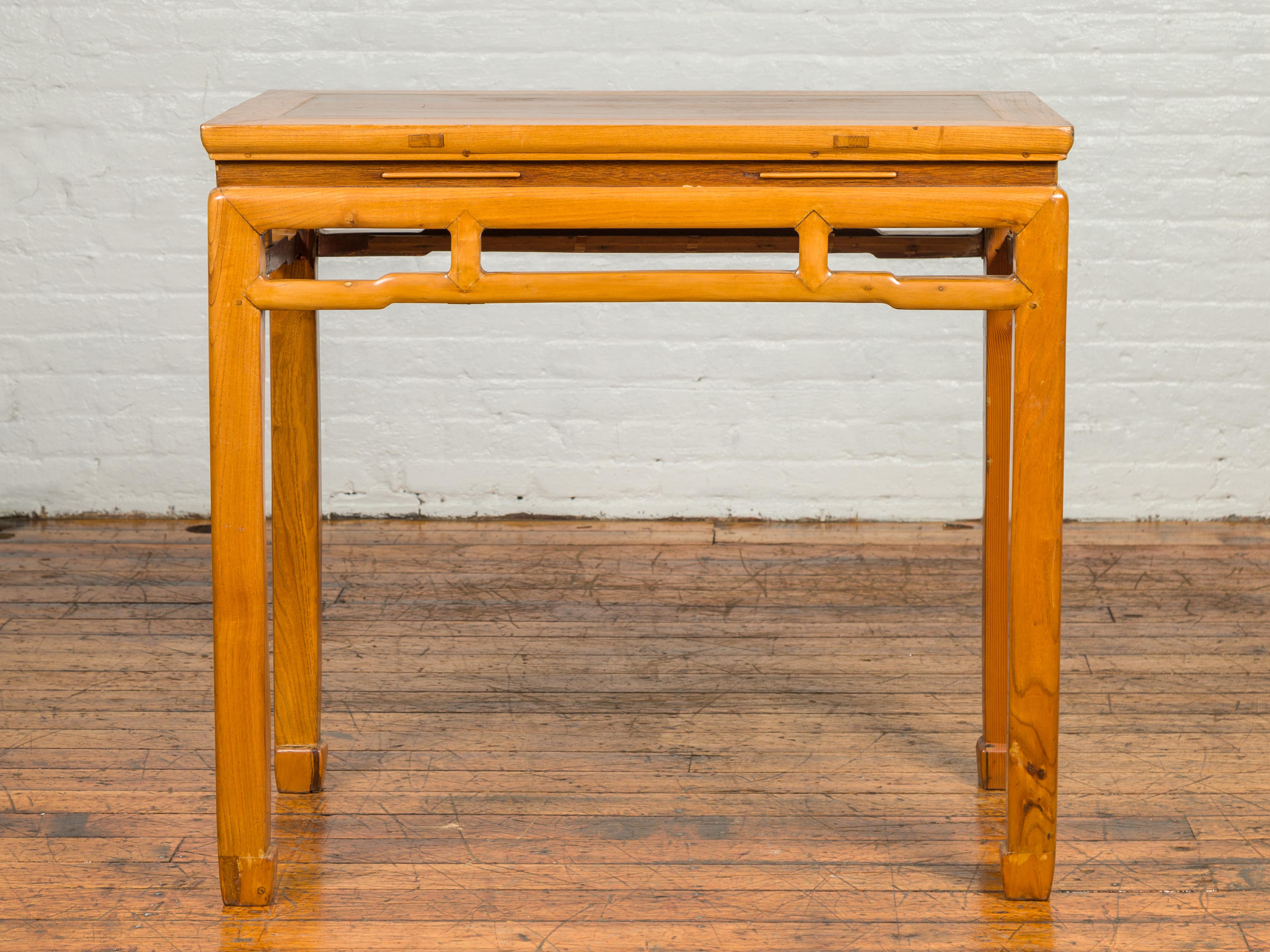 Ming Dynasty Style Vintage Elm Waisted Table with Humpbacked Stretcher For Sale 5