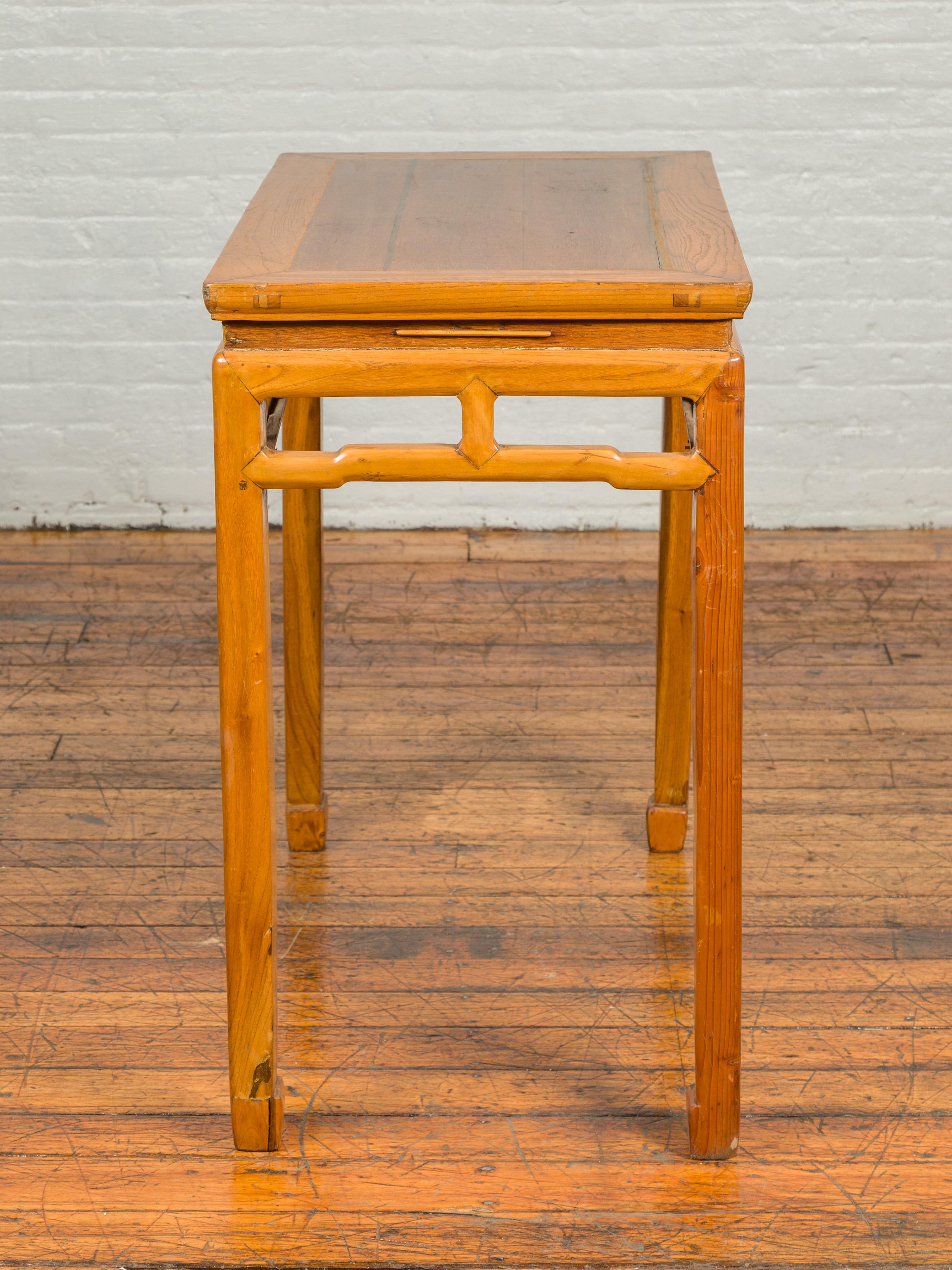 Ming Dynasty Style Vintage Elm Waisted Table with Humpbacked Stretcher For Sale 2