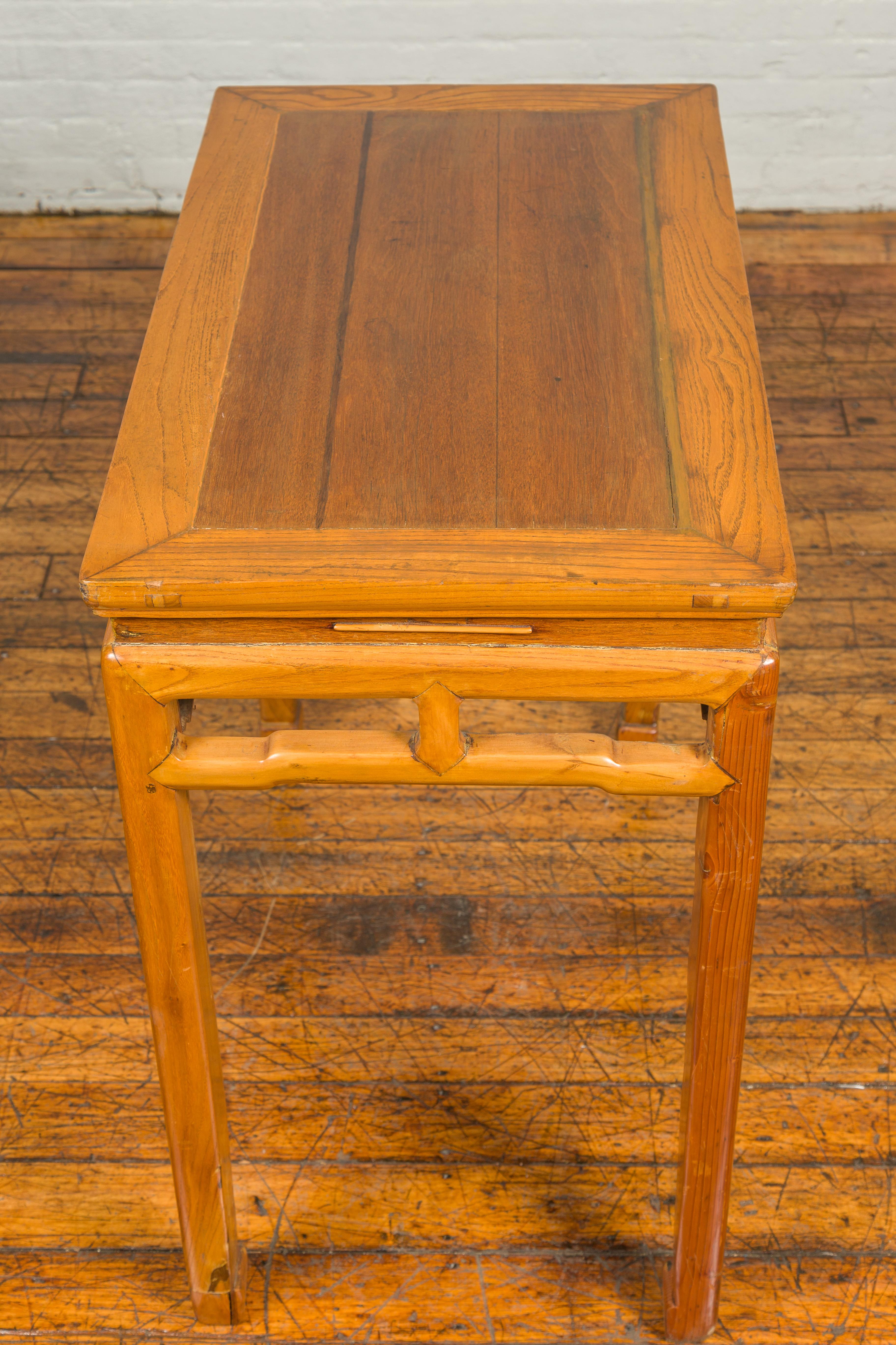Ming Dynasty Style Vintage Elm Waisted Table with Humpbacked Stretcher For Sale 3