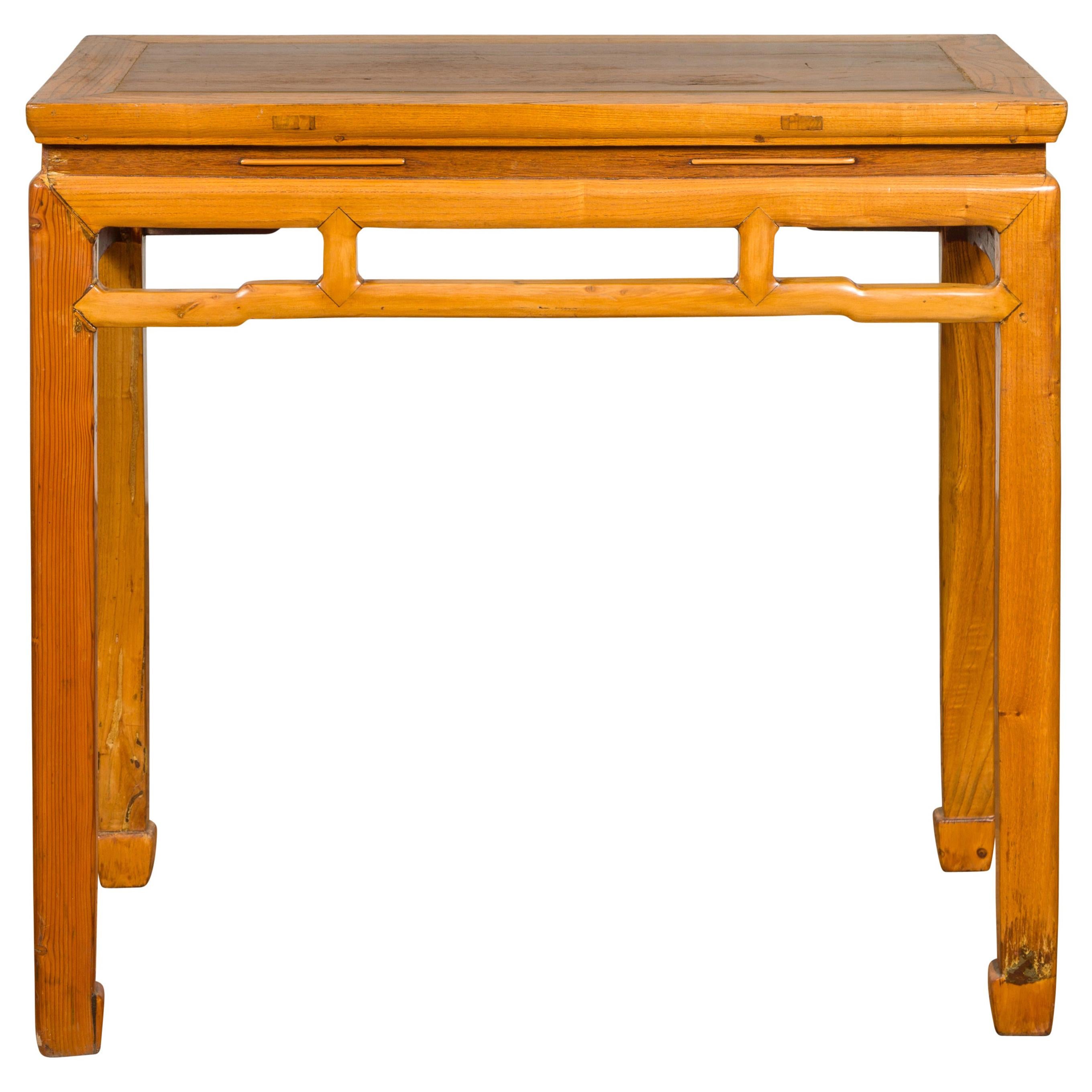 Chinese Ming Dynasty Style Vintage Elm Waisted Table with Humpbacked Stretcher