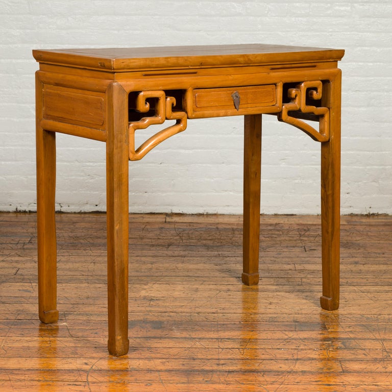 Chinese Ming Dynasty Style Waisted Desk with Geometric Apron and Single Drawer at 1stDibs