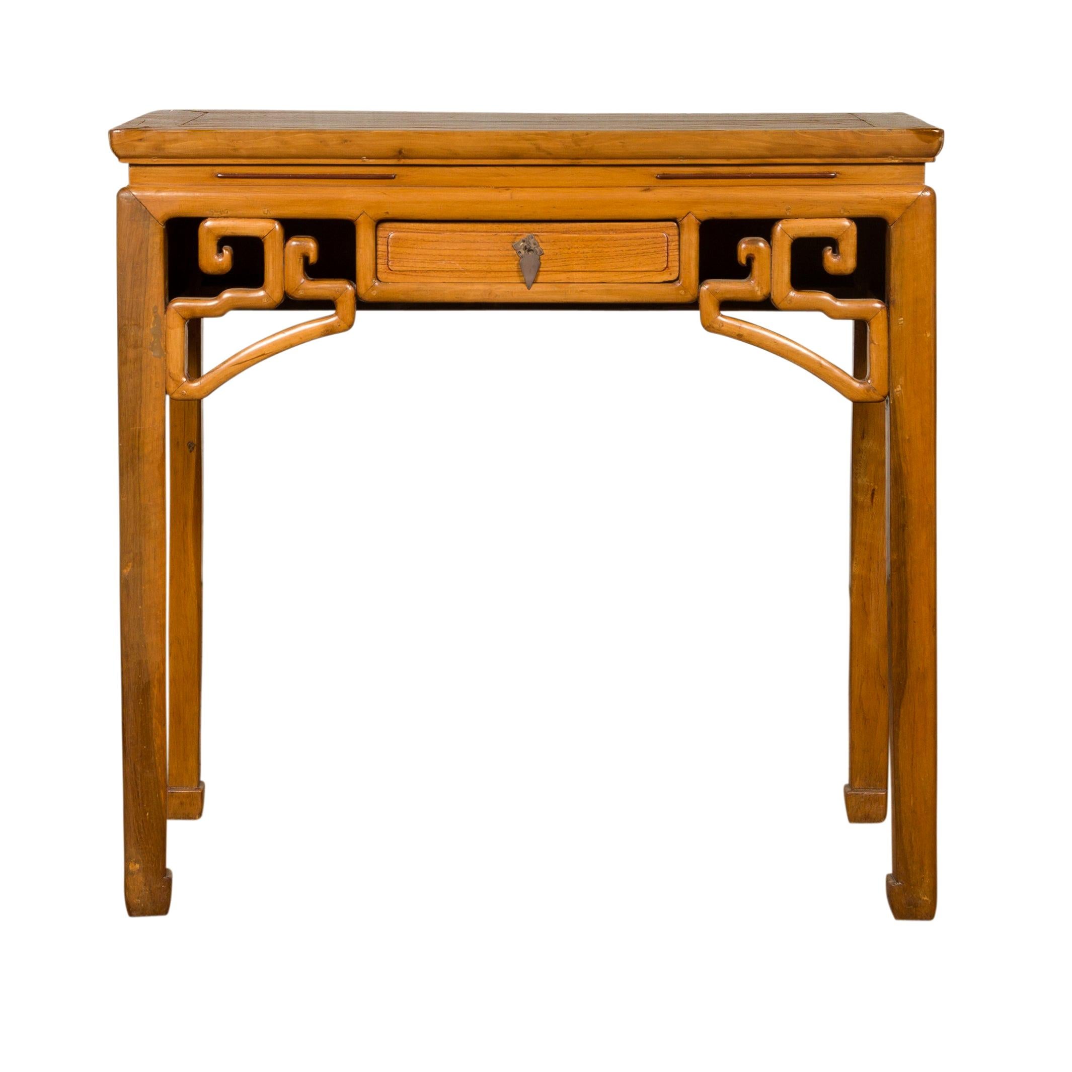 Chinese Ming Dynasty Style Waisted Desk with Geometric Apron and Single Drawer
