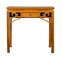 Chinese Ming Dynasty Style Waisted Desk with Geometric Apron and Single Drawer