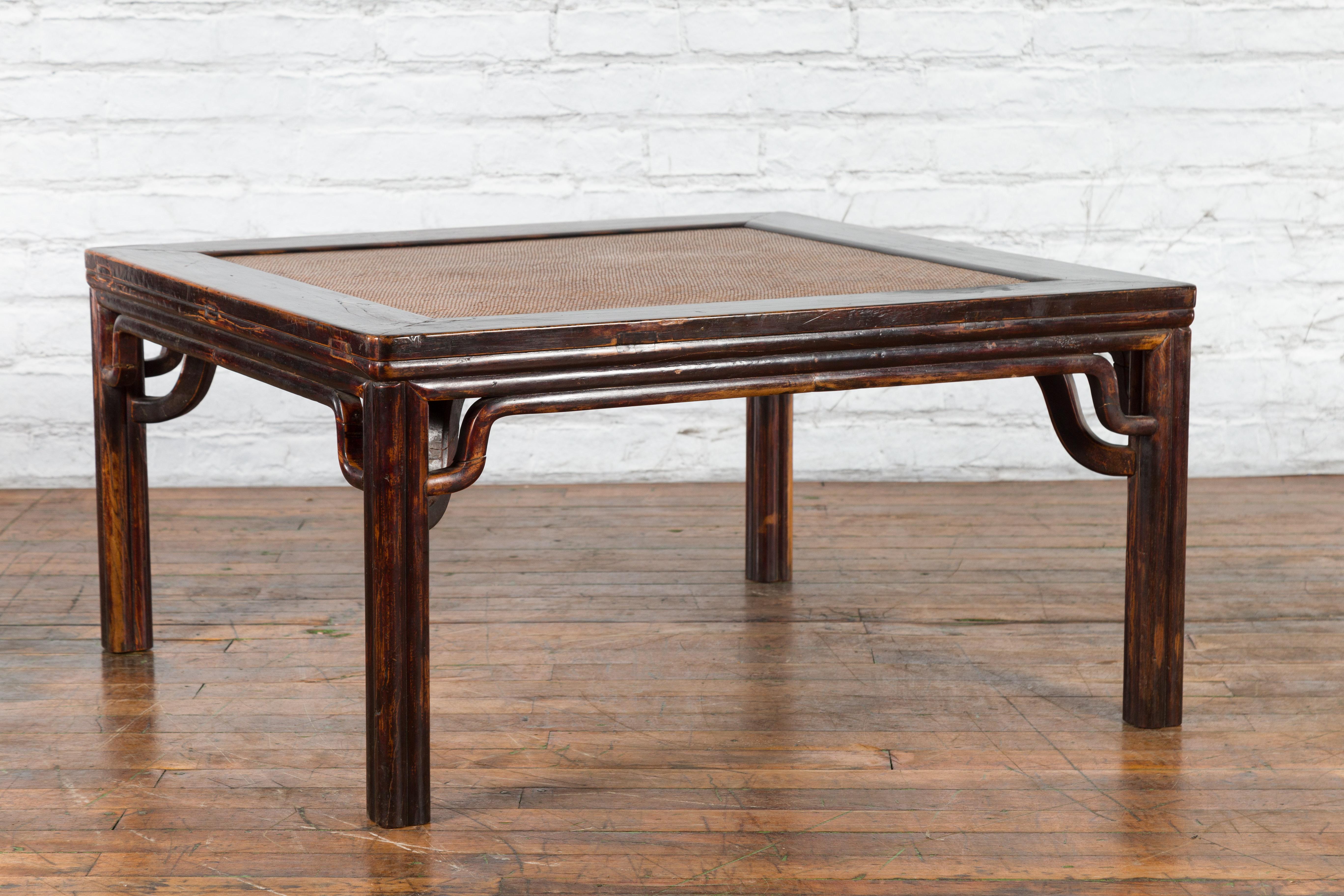 19th Century Chinese Ming Dynasty Style Wooden Coffee Table with Hand-Woven Rattan Top For Sale
