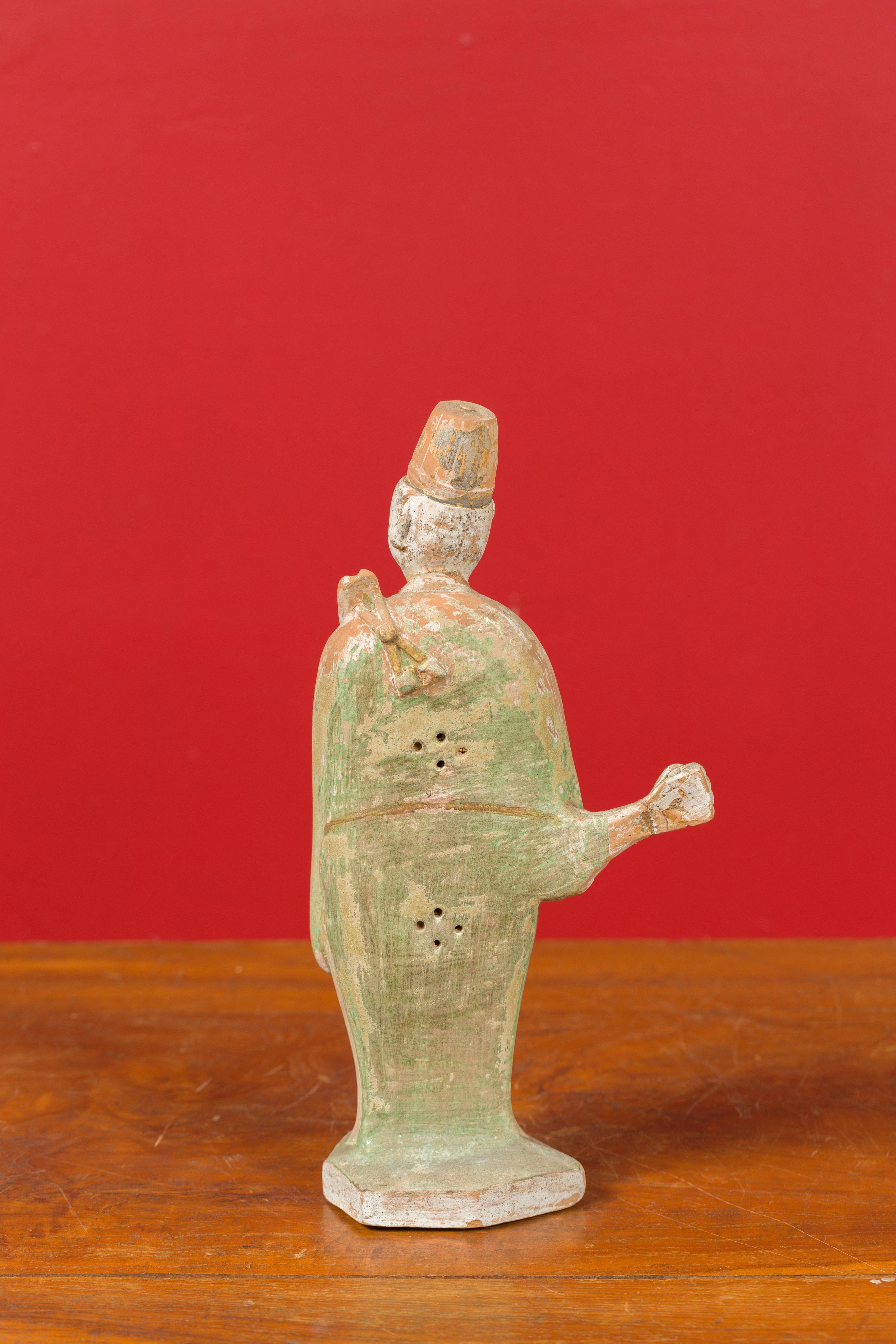 Chinese Ming Dynasty Terracotta Courtsman Statuette with Original Polychromy For Sale 2