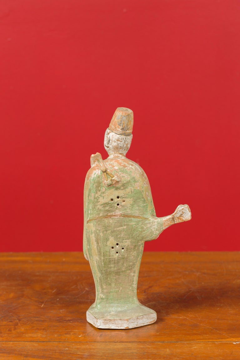 Chinese Ming Dynasty Terracotta Courtsman Statuette with Original Polychromy For Sale 5