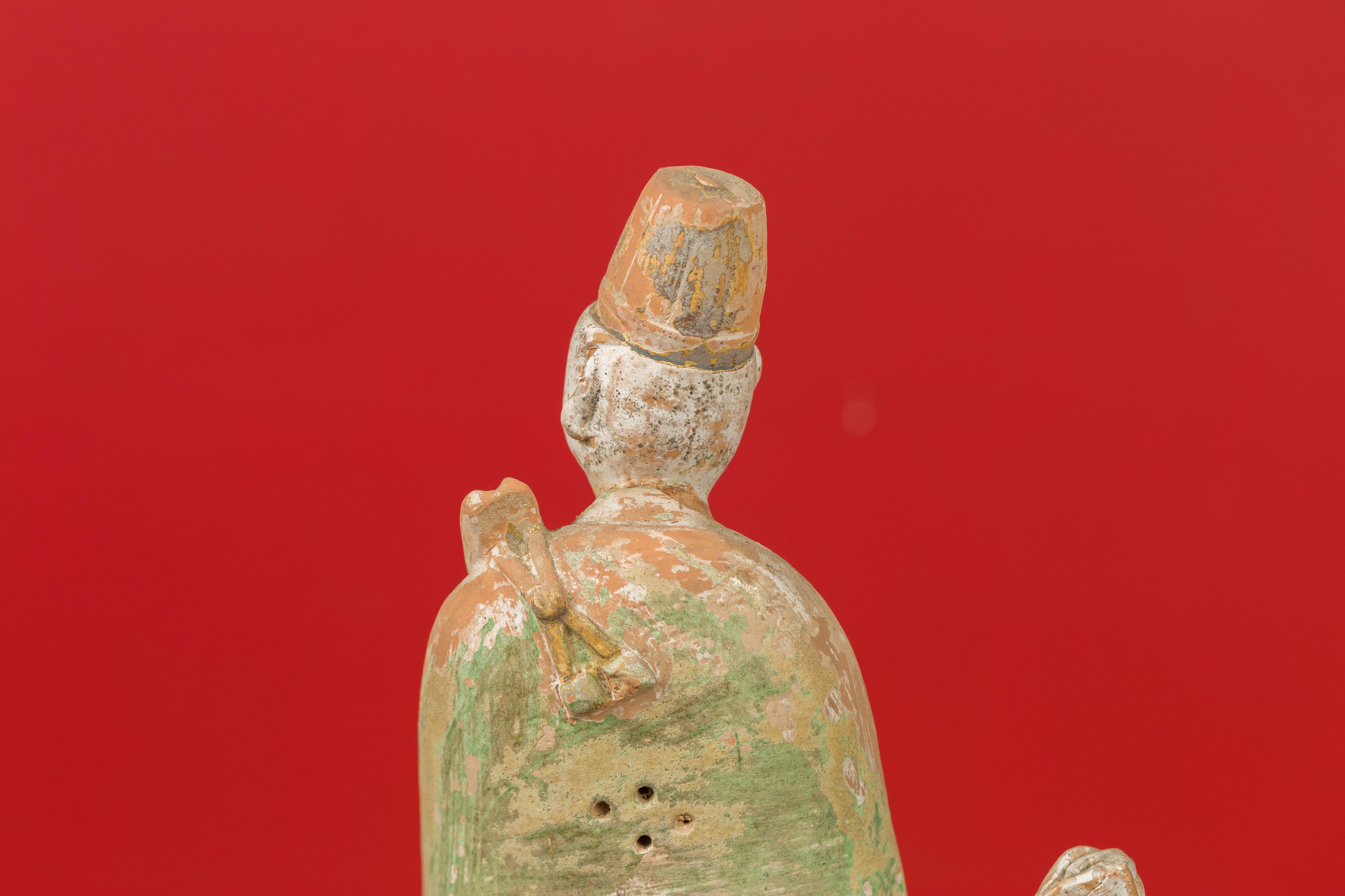 Chinese Ming Dynasty Terracotta Courtsman Statuette with Original Polychromy For Sale 3