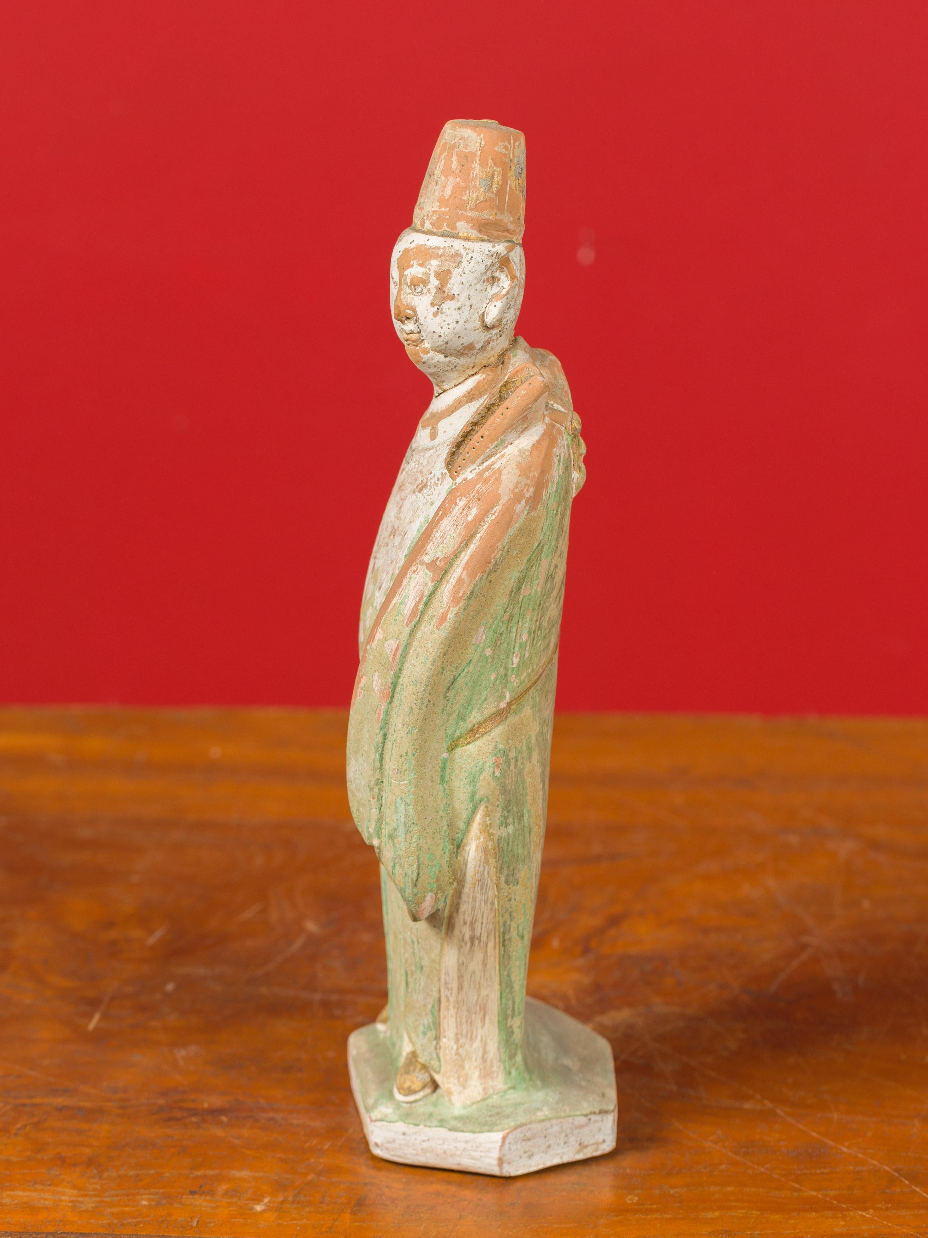 Chinese Ming Dynasty Terracotta Courtsman Statuette with Original Polychromy For Sale 4