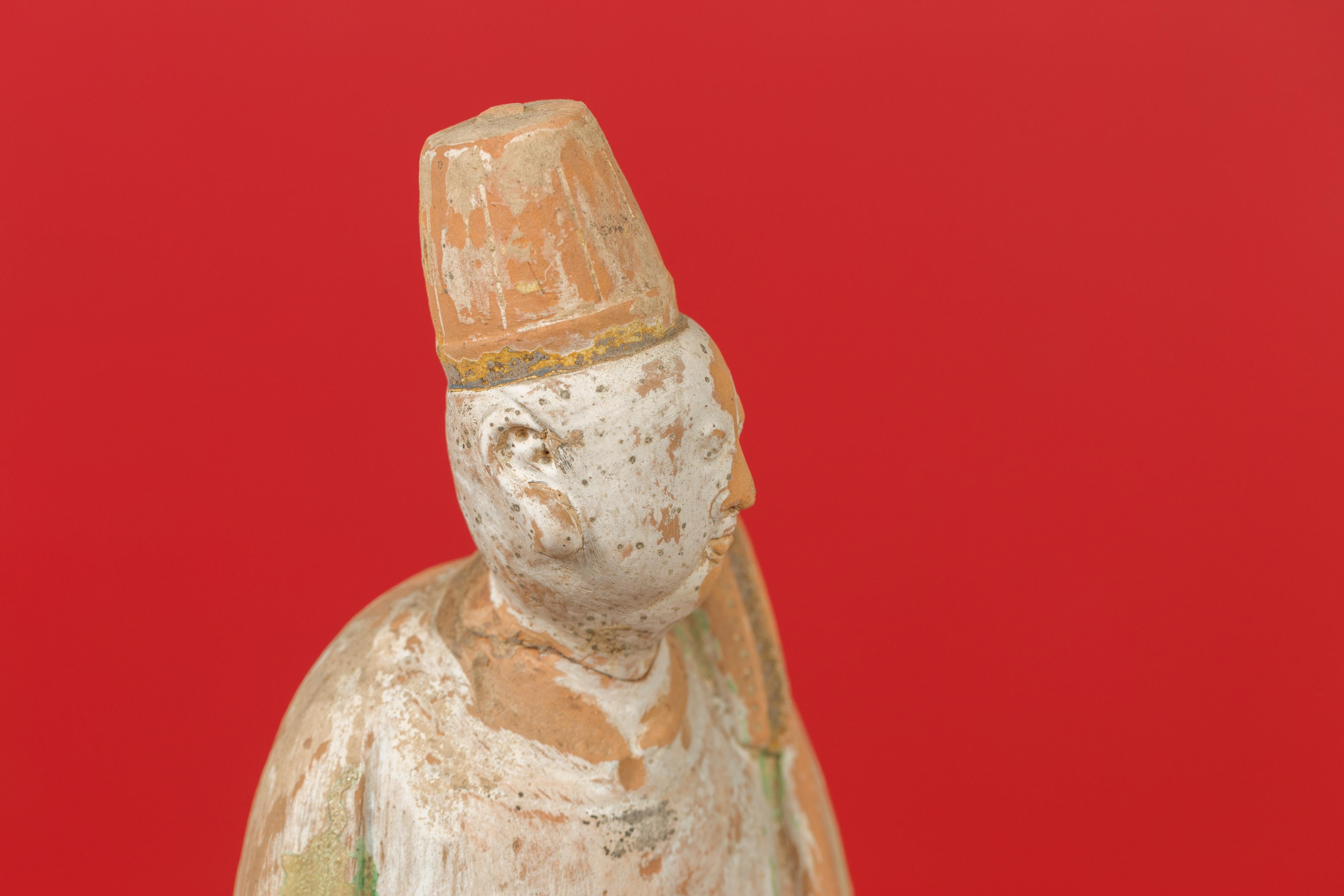 Painted Chinese Ming Dynasty Terracotta Courtsman Statuette with Original Polychromy For Sale