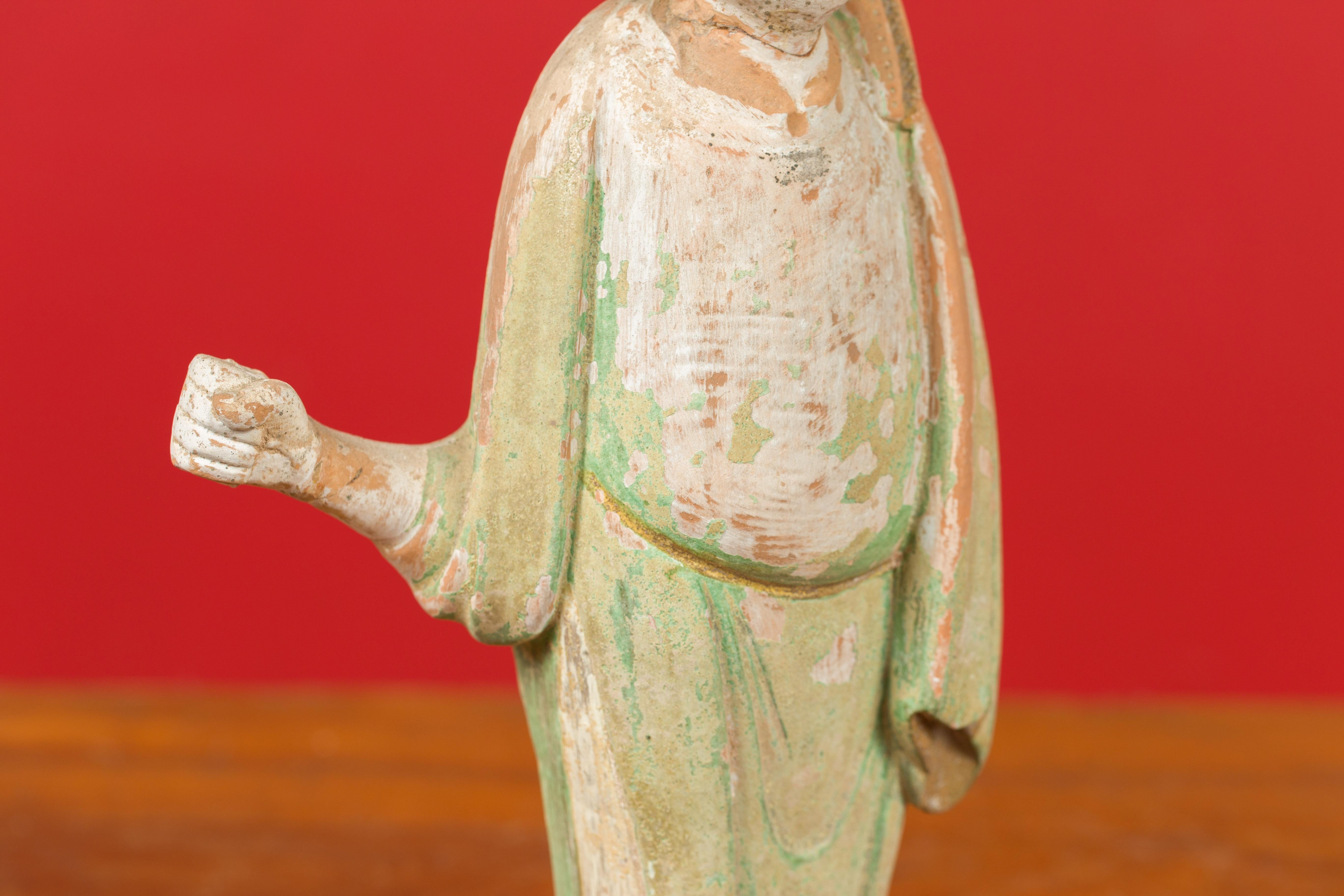 Chinese Ming Dynasty Terracotta Courtsman Statuette with Original Polychromy In Good Condition For Sale In Yonkers, NY