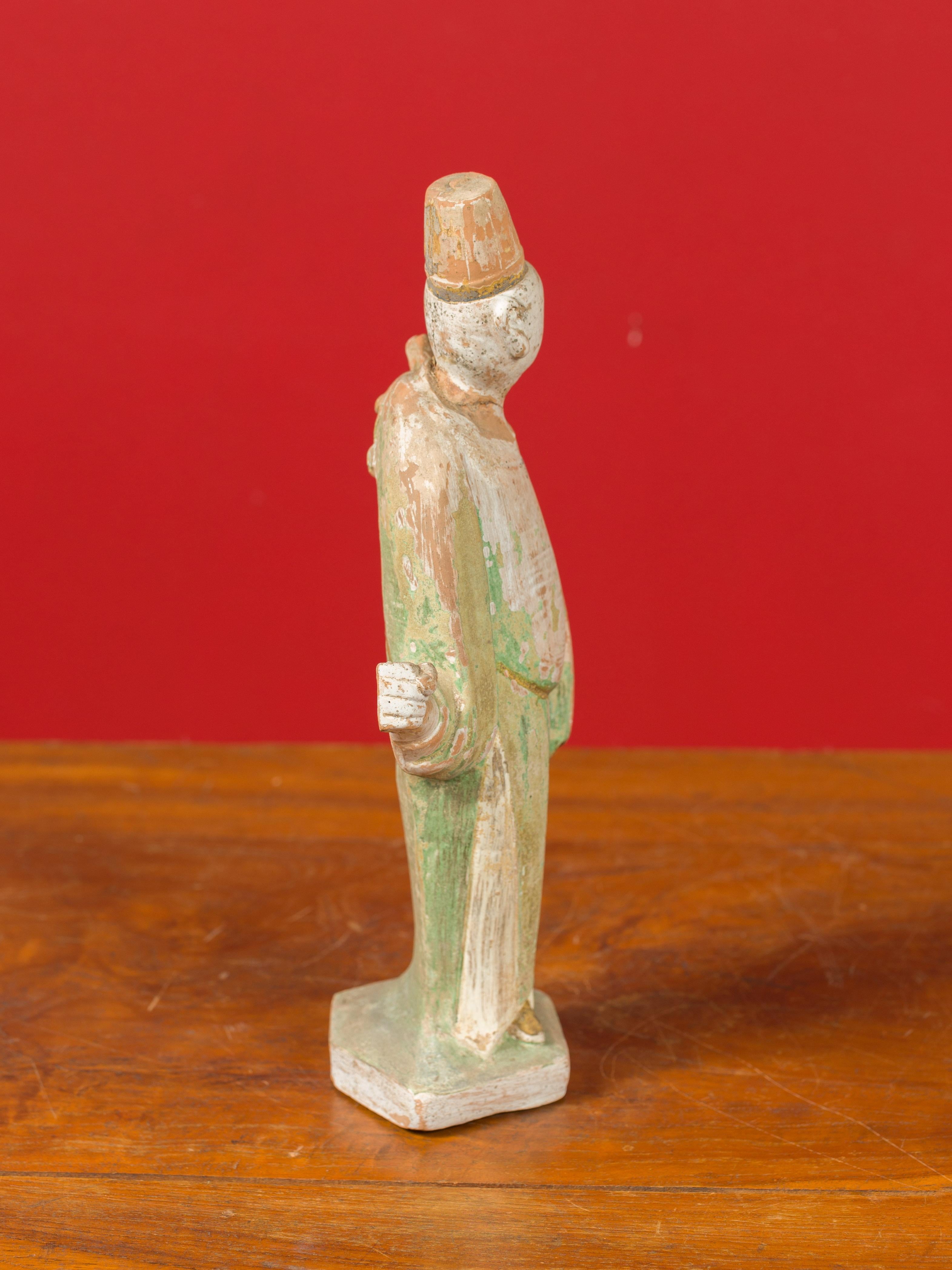 Chinese Ming Dynasty Terracotta Courtsman Statuette with Original Polychromy For Sale 1