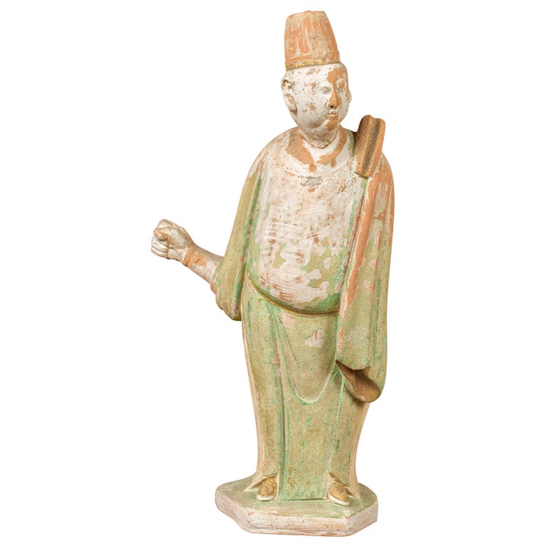 Chinese Ming Dynasty Terracotta Courtsman Statuette with Original Polychromy For Sale
