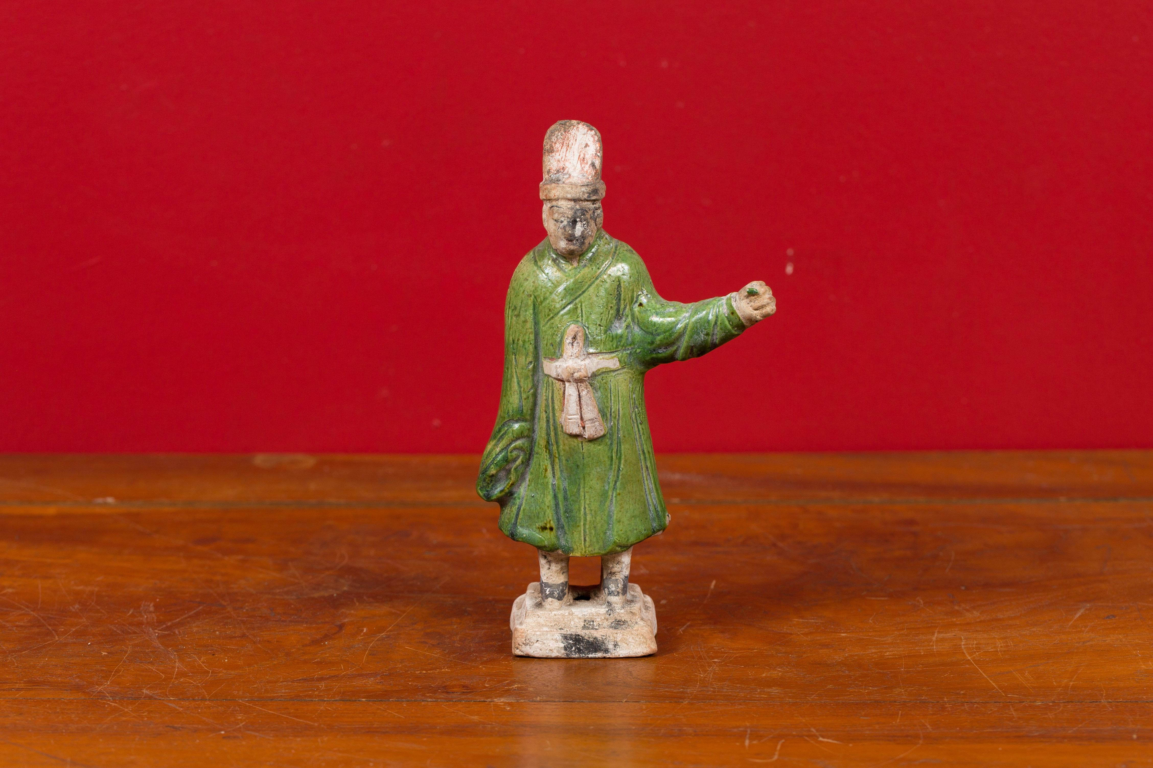 Glazed Chinese Ming Dynasty Terracotta Official Statuette with Original Polychromy For Sale