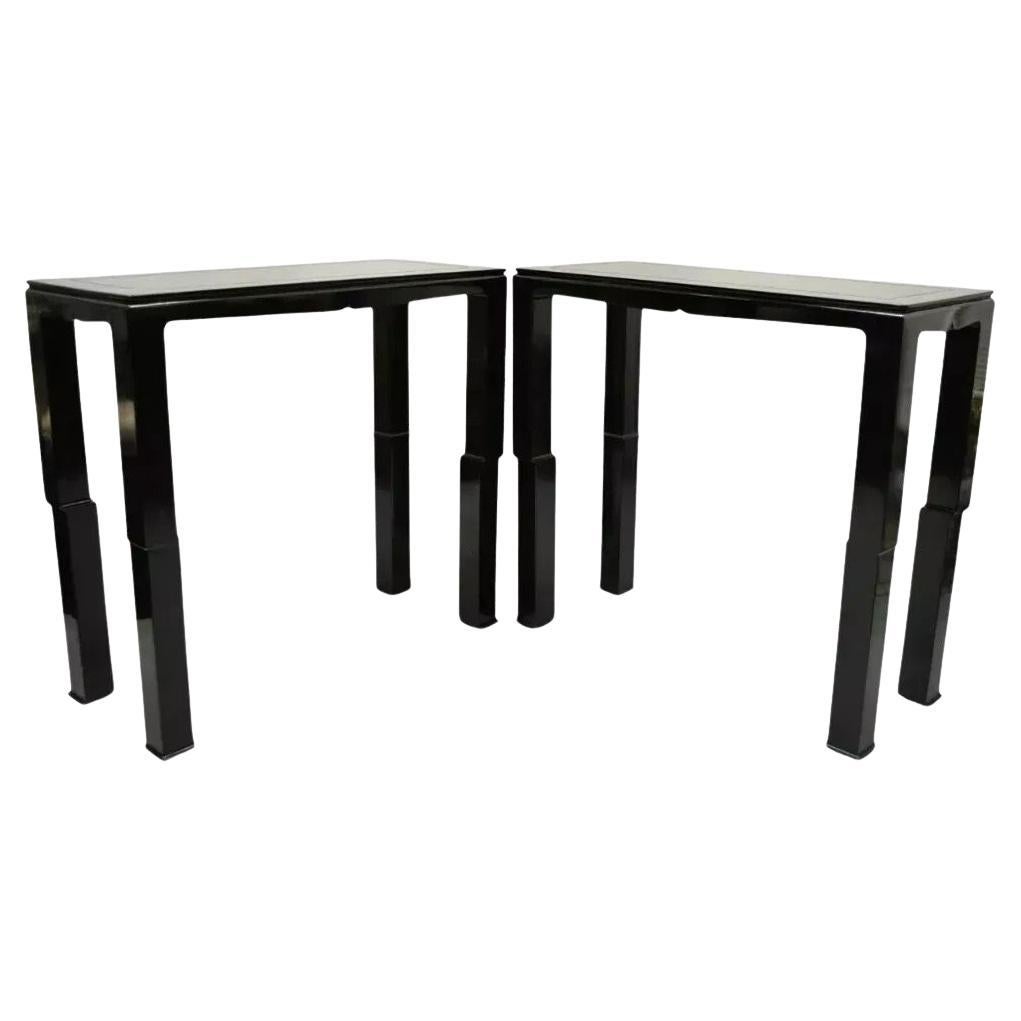 Chinesische Ming James Mont Stil Schwarz Lack Sofa Halle Konsolentische - Paar