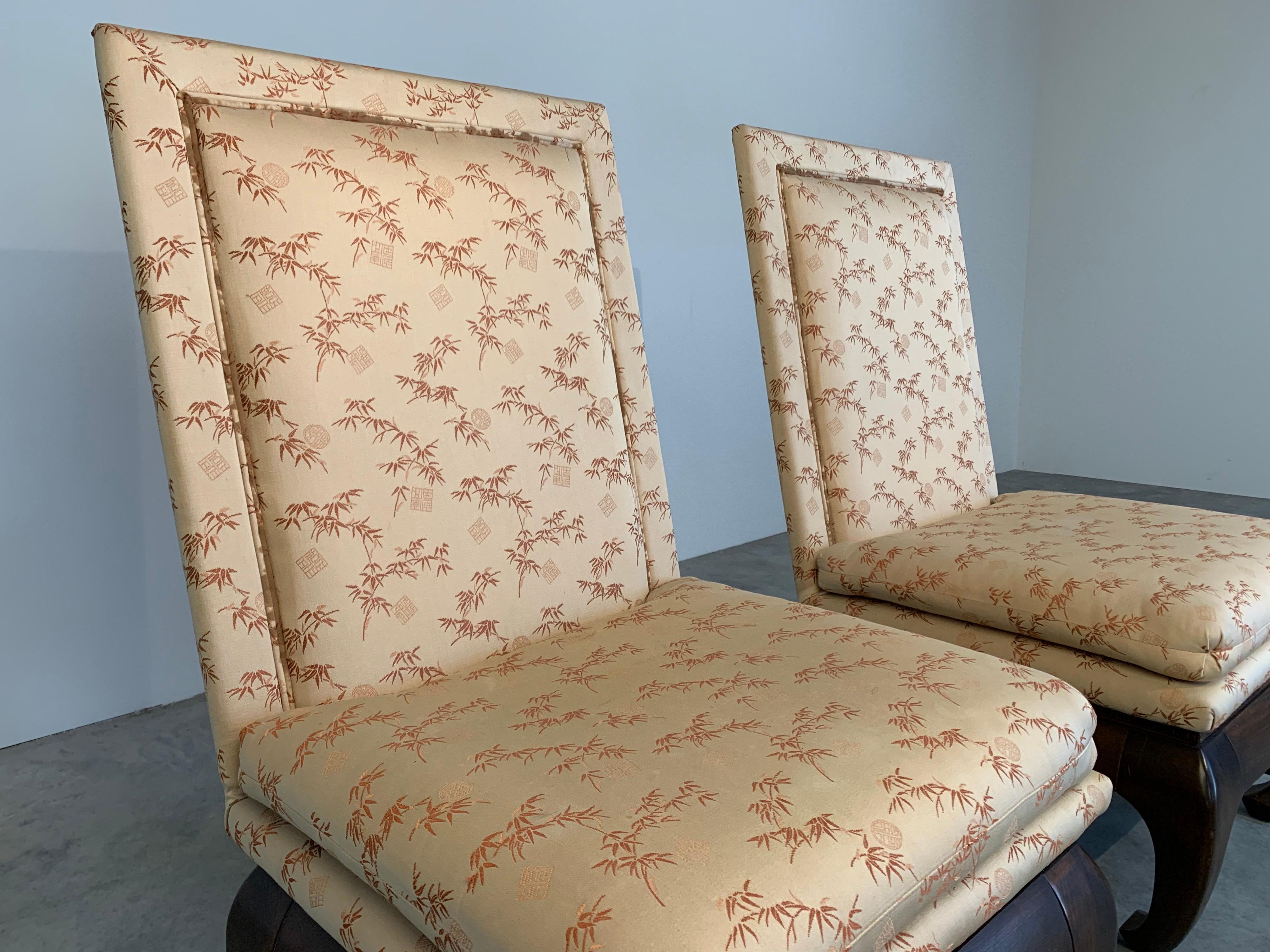 Silk Chinese Ming James Mont Style Chinoiserie Occasional Chairs Having Chong Legs