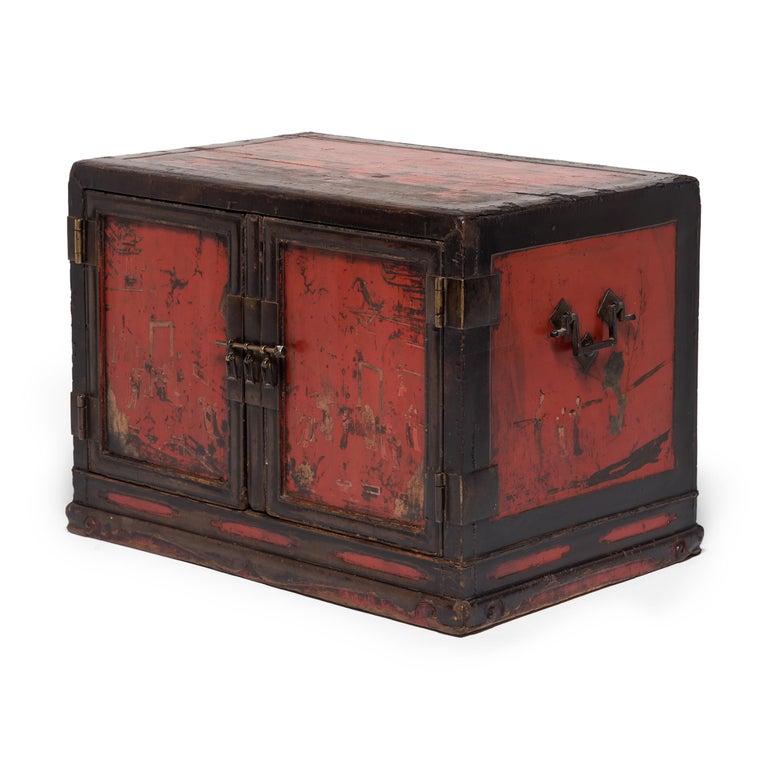 Lacquered Low Chinese Painted Book Cabinet, Ming Dynasty For Sale