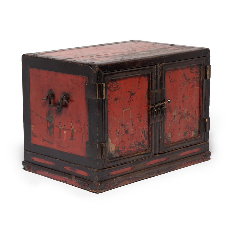 17th Century Low Chinese Painted Book Cabinet, Ming Dynasty For Sale