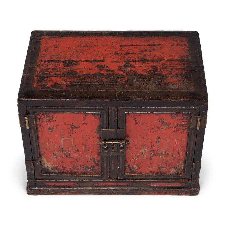 Wood Low Chinese Painted Book Cabinet, Ming Dynasty For Sale