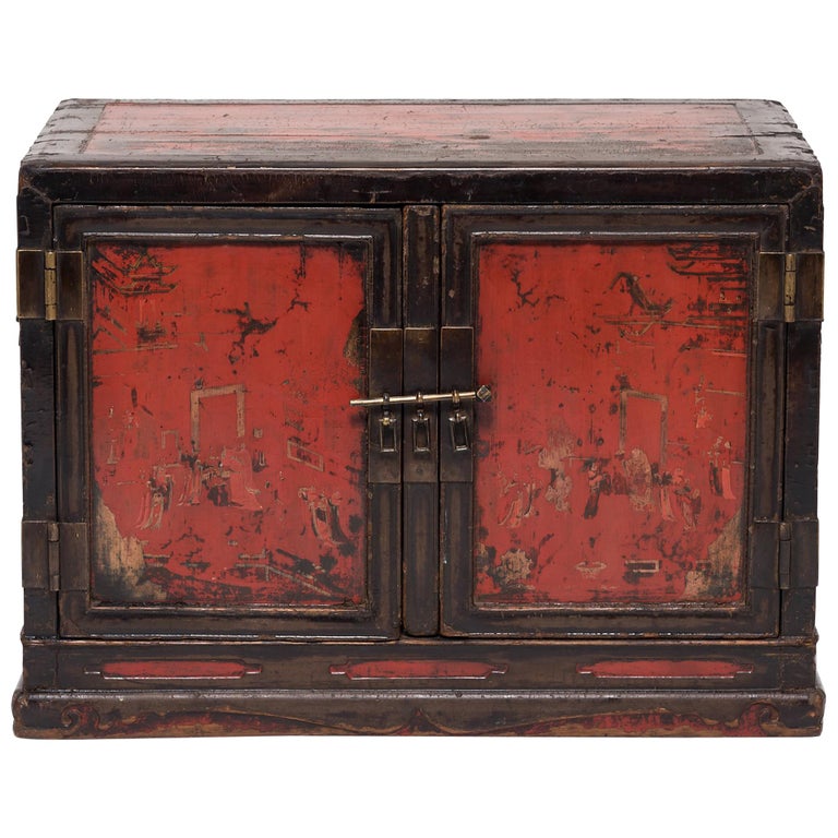 Low Chinese Painted Book Cabinet, Ming Dynasty For Sale