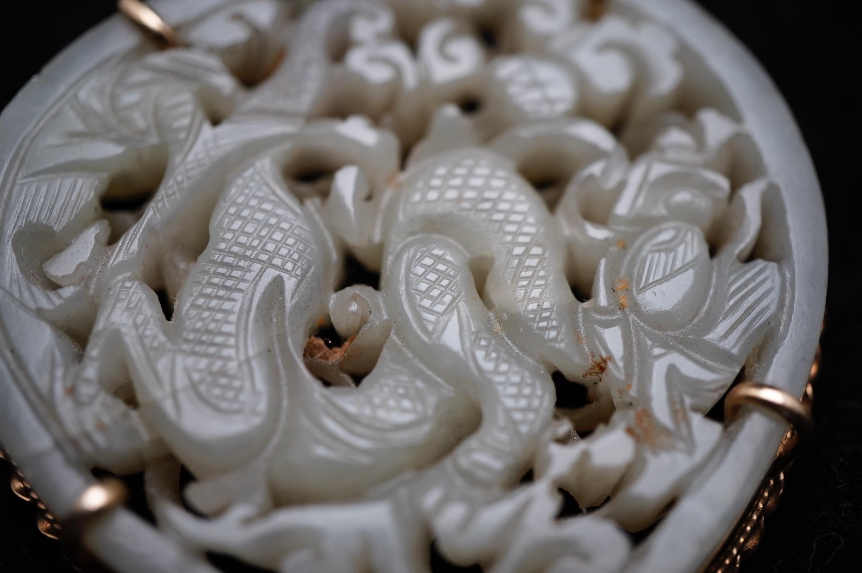 Chinese Export Chinese Ming Period Jade Carving Mounted in 14K Gold as Pendant. For Sale