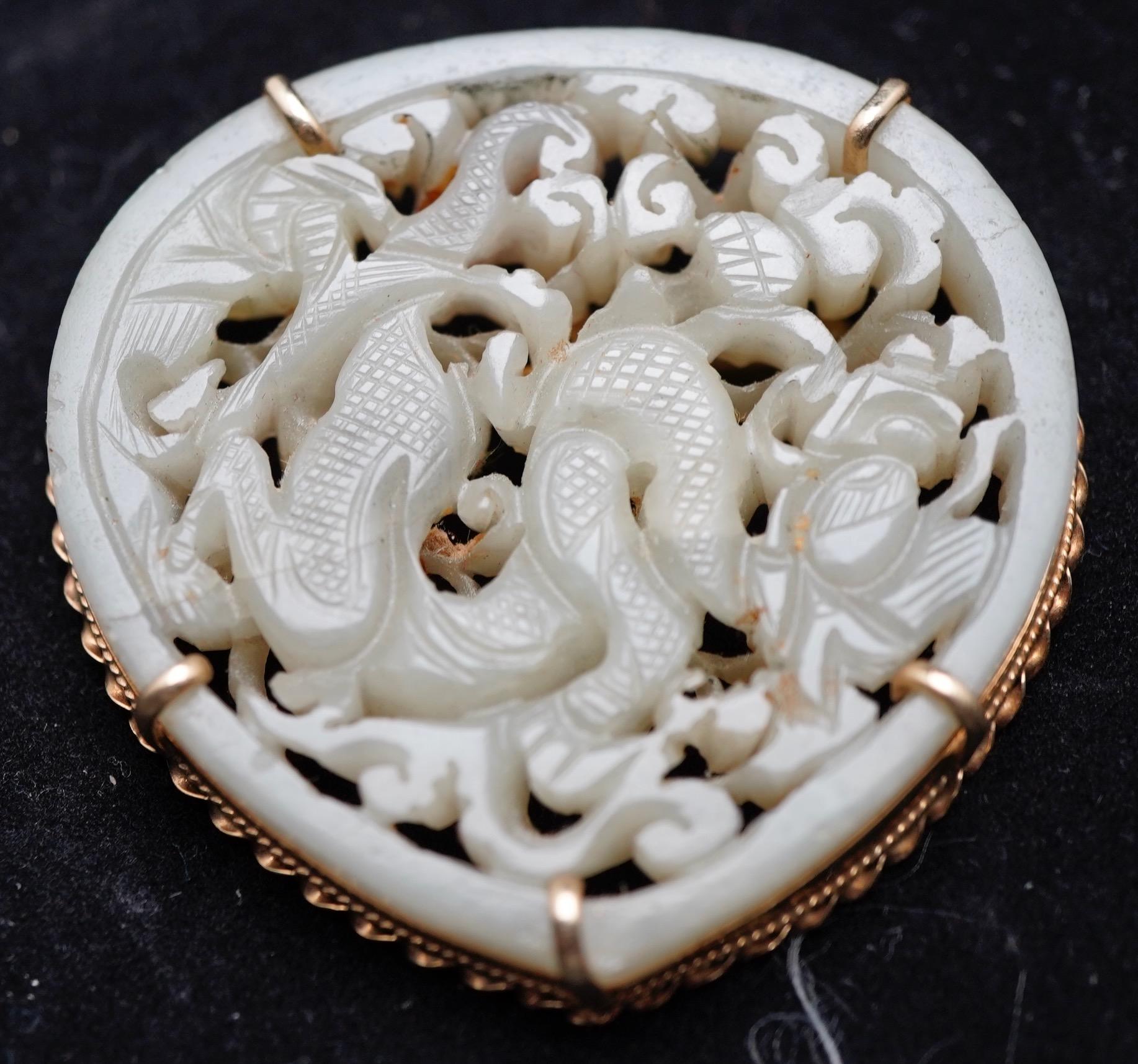 Carved Chinese Ming Period Jade Carving Mounted in 14K Gold as Pendant. For Sale