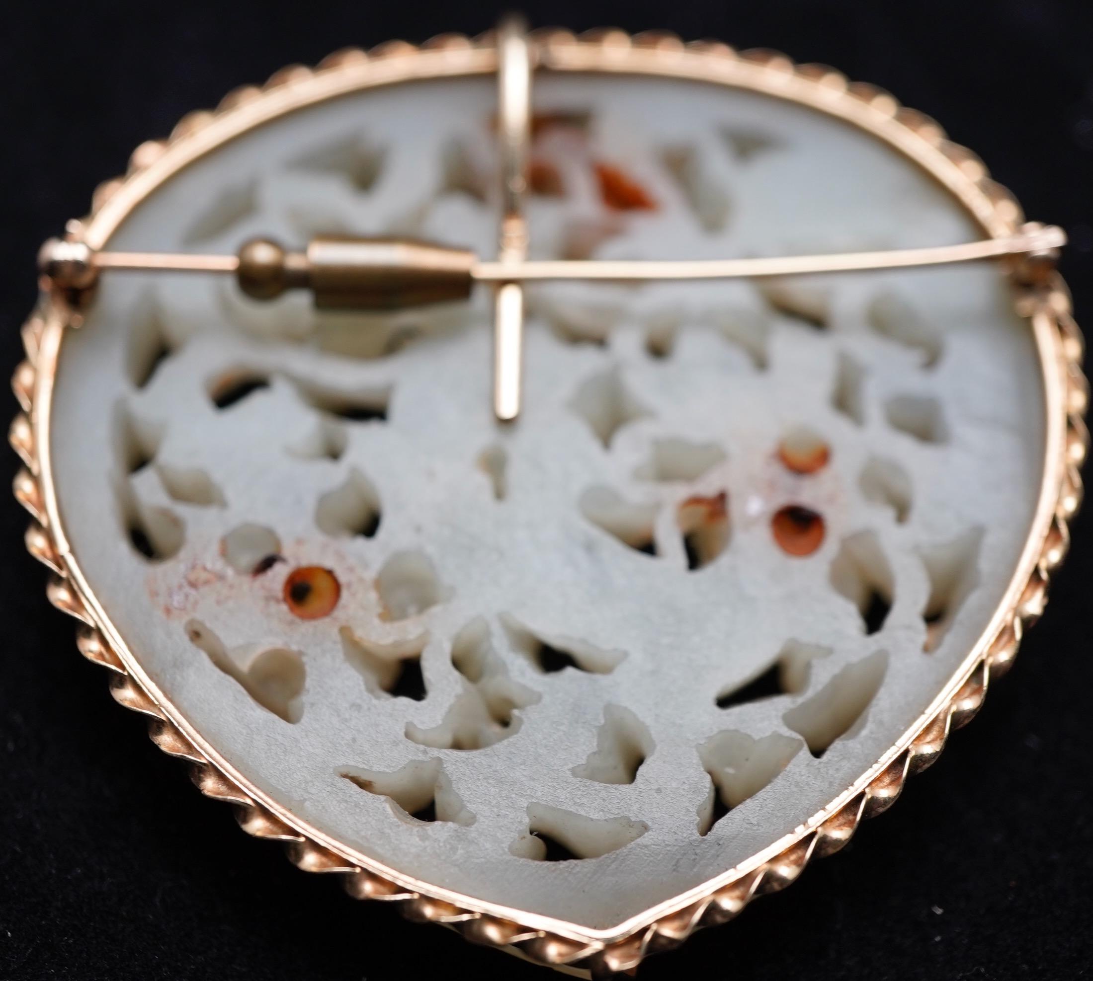 18th Century Chinese Ming Period Jade Carving Mounted in 14K Gold as Pendant. For Sale