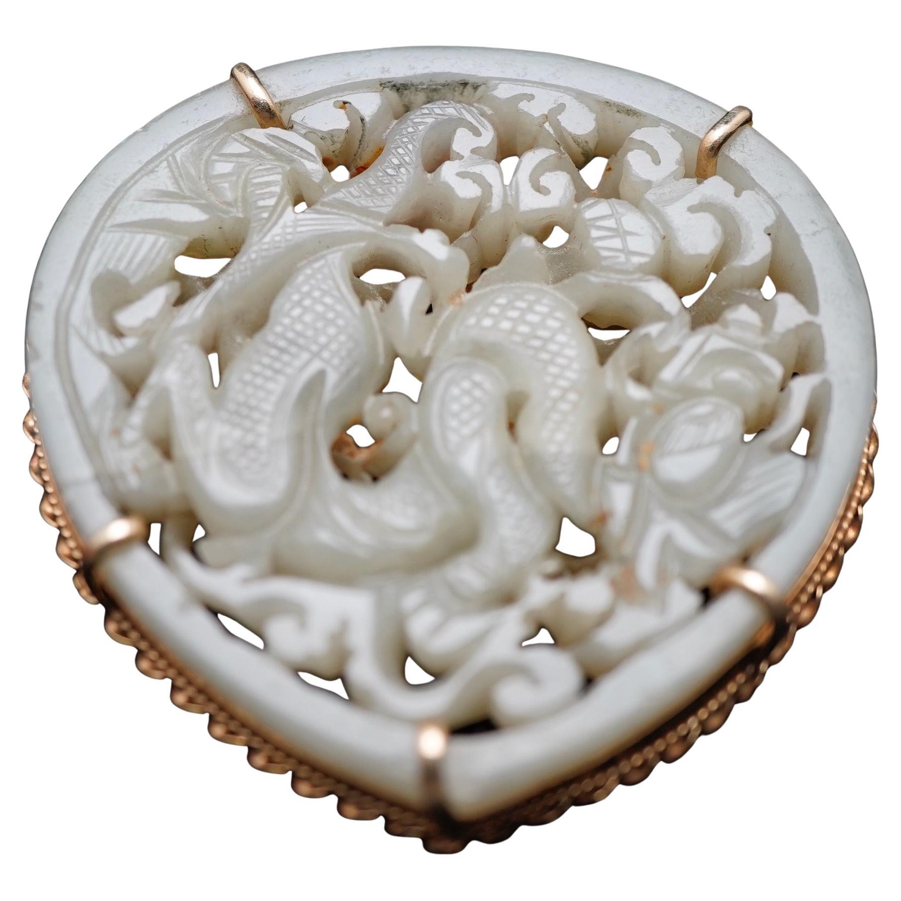 Chinese Ming Period Jade Carving Mounted in 14K Gold as Pendant. For Sale